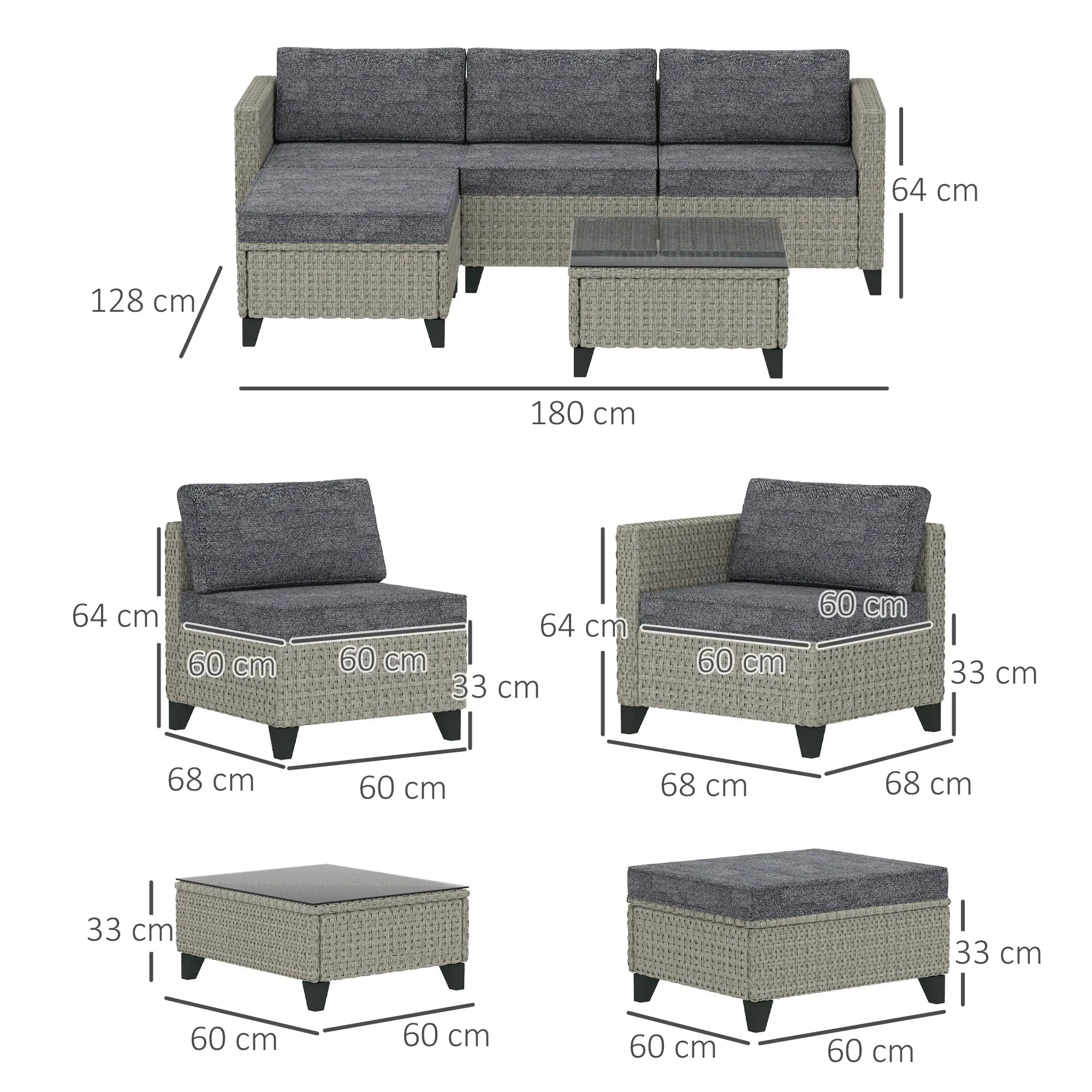 5-Piece Rattan Patio Furniture Set with Corner Sofa, Footstools, Coffee Table, for Poolside, Dark Grey