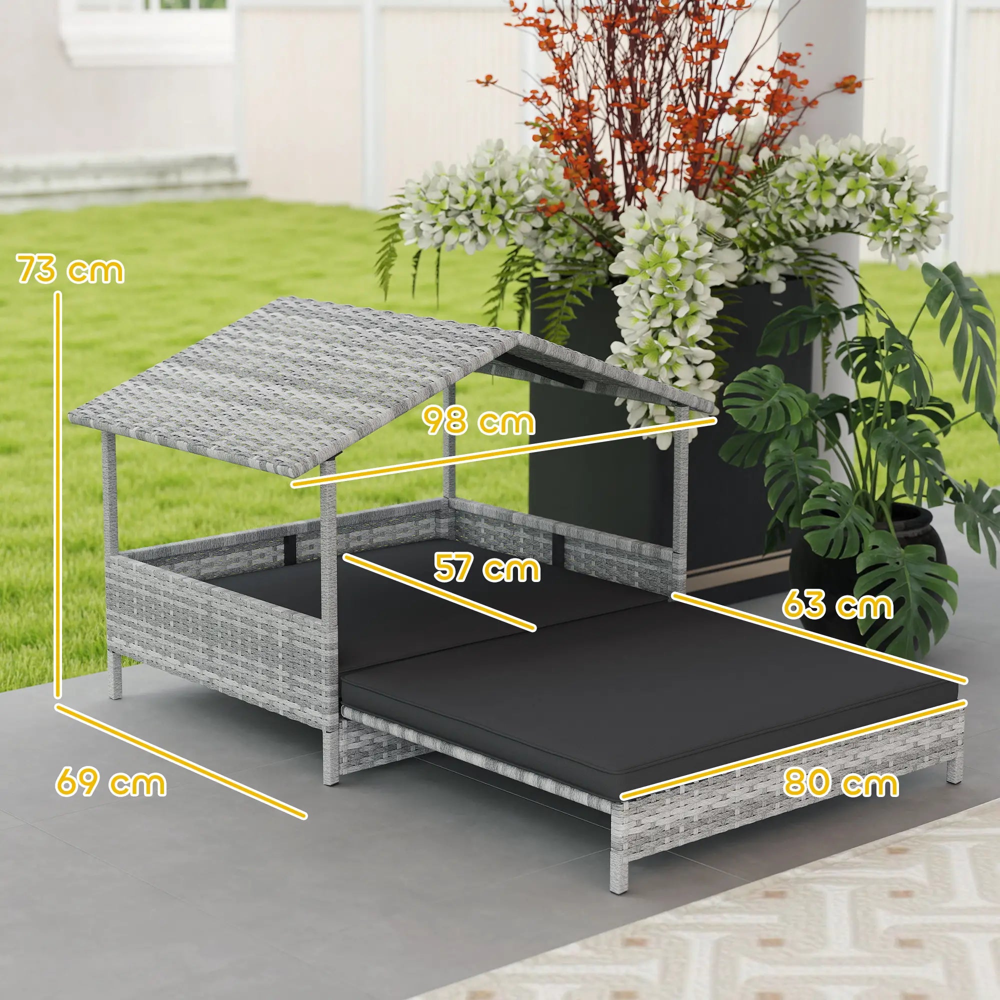 Extendable Elevated Dog Bed, Rattan Dog House, with Water-Resistant Roof, Removable Cushion, Charcoal Grey
