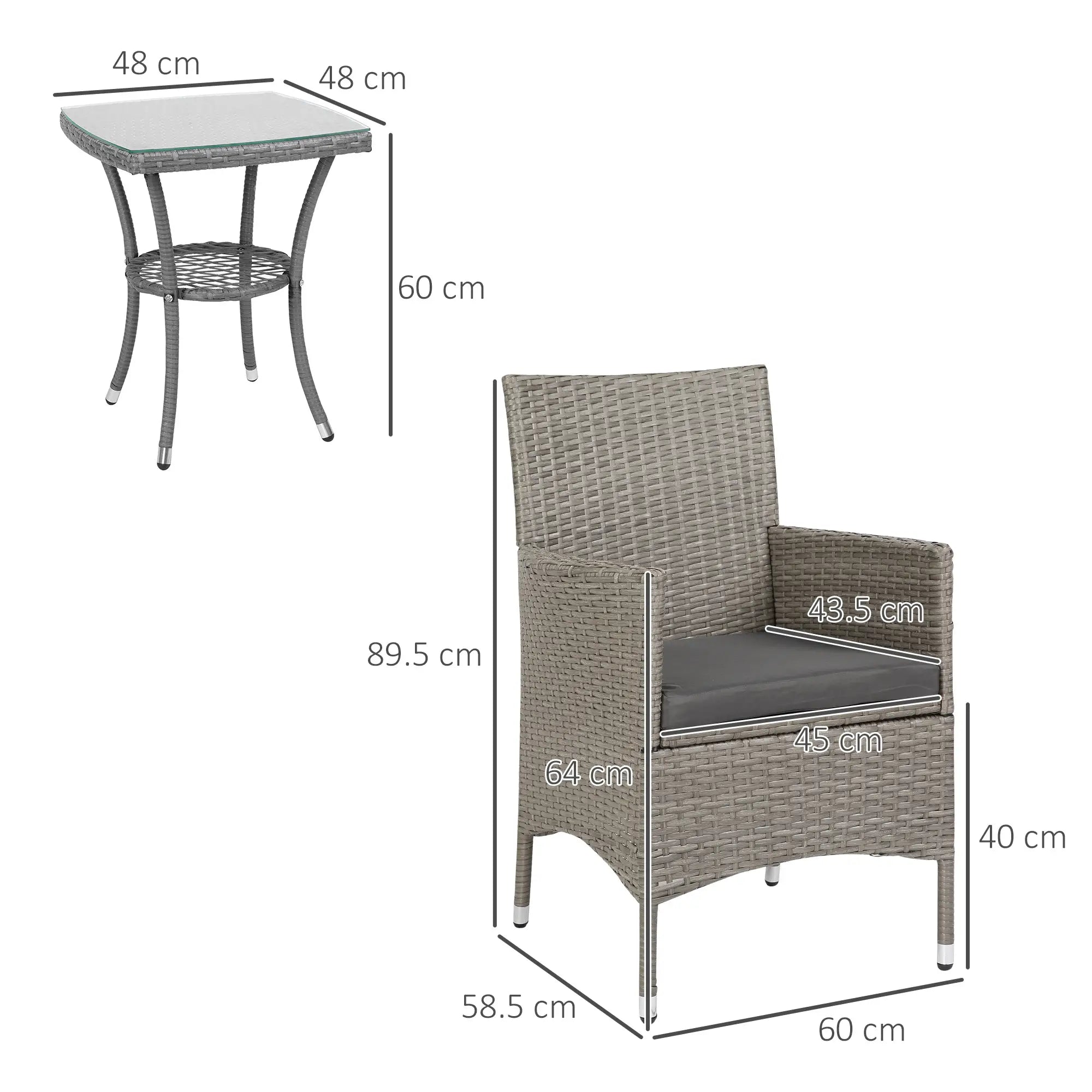 3 Pieces Rattan Bistro Set, Wicker Garden Furniture Set with 2-Tier Coffee Table and Chairs, Washable Cushions, for Outdoor Patio Balcony, Grey