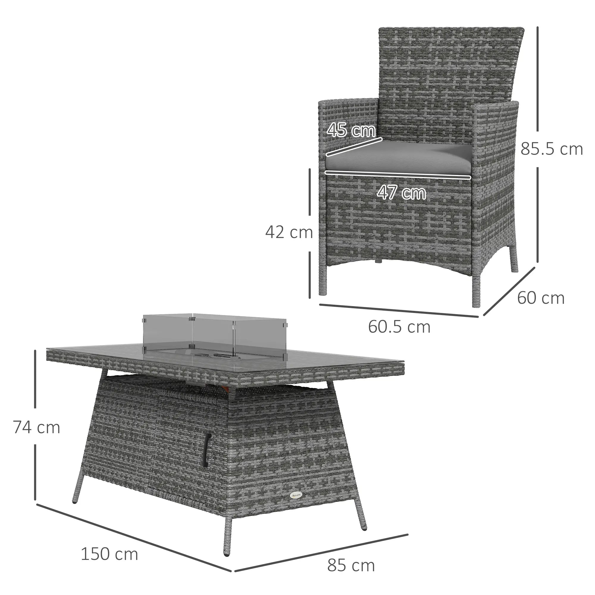 7 Pieces Outdoor Rattan Garden Furniture with Fire Pit Table, 6 Seater Garden Table and Chairs with Cushions, Rattan Dining Set with Propane Heater Table, Windscreen, 50,000 BTU, Grey
