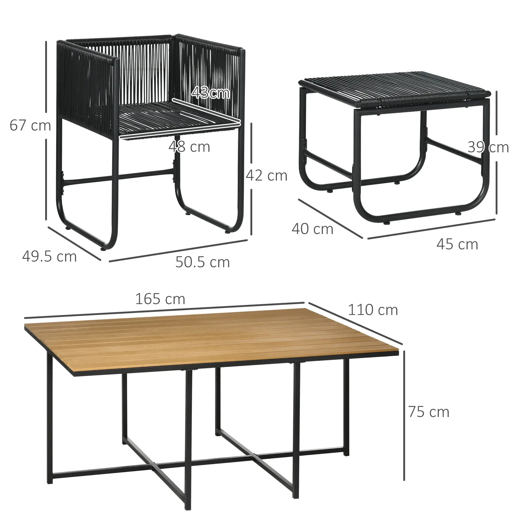 0 Seater Rattan Cube Garden Furniture Set, Rattan Dining Set with Cushions, Outdoor Dining Table and Chairs with 6 Armchairs, 4 Stools, Rectangular Wood Grain Plastic Top Table, Black