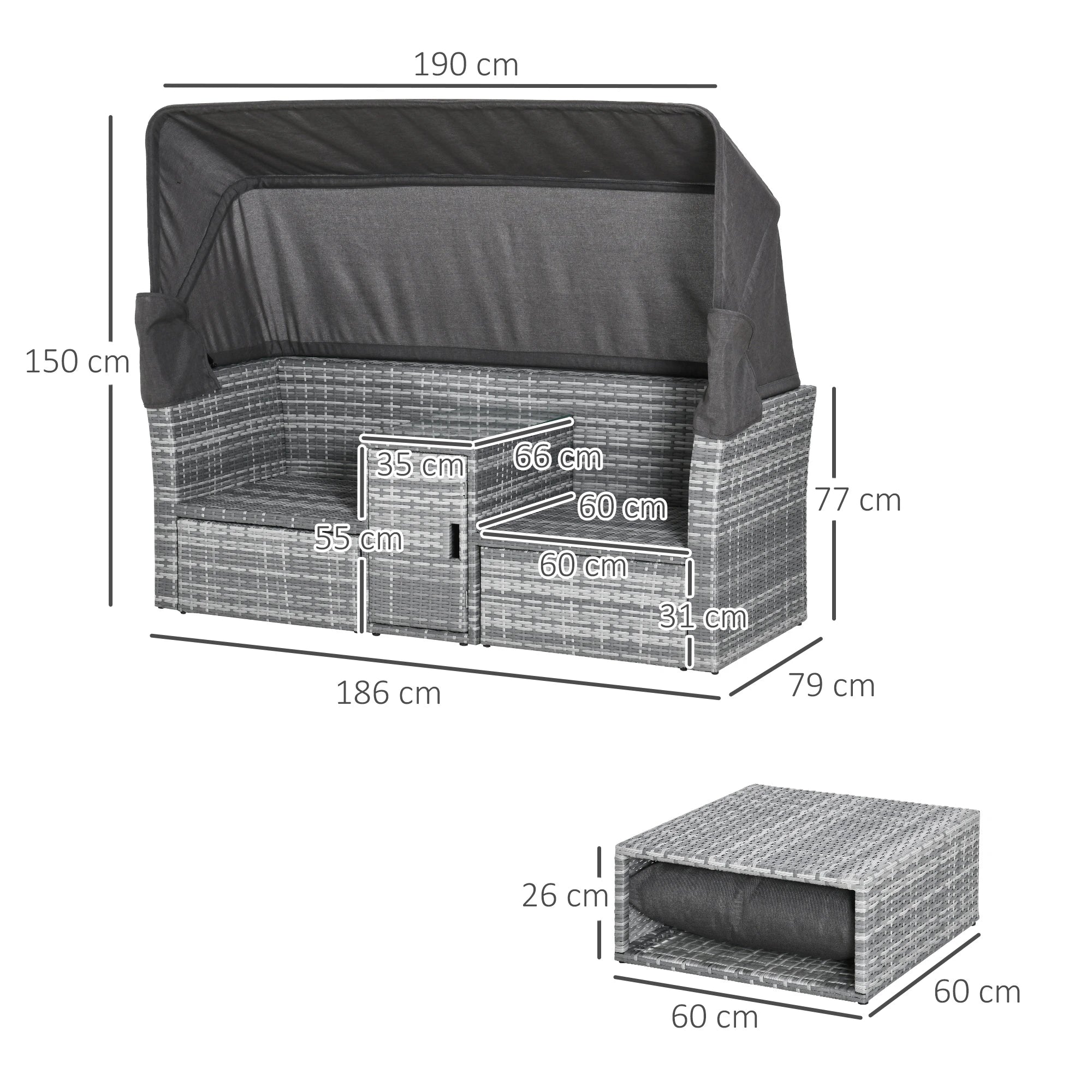 2-Seater Outdoor Rattan Daybed Sofa Footstool Coffee Table Set w/ Canopy, Cushion