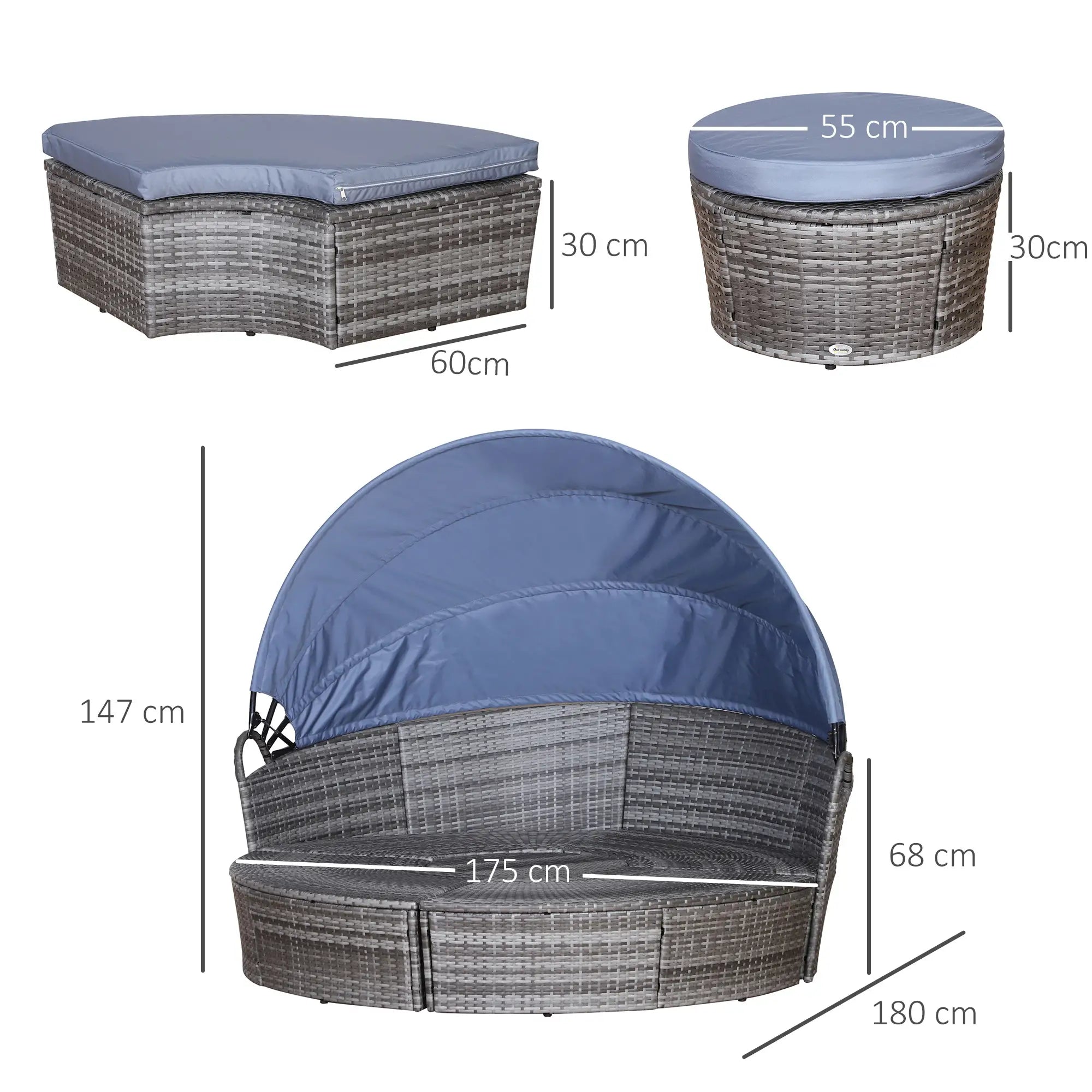 PE Rattan Lounge Set, 5 Pieces Patio Conversation Furniture Set, Garden Round Sofa Bed with Cushion and Retractable Canopy, Grey