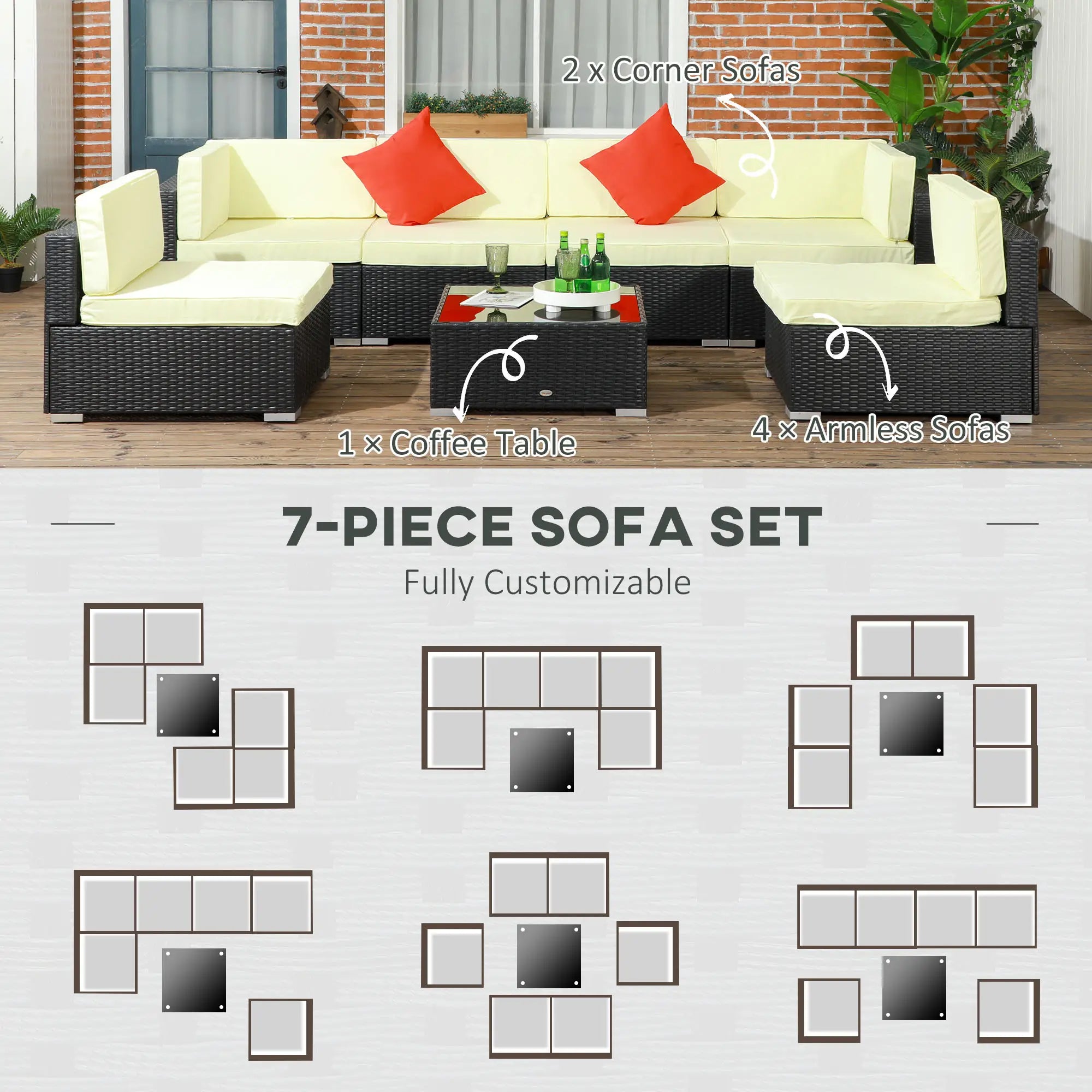 Seven-Piece Rattan Garden Set, with Glass-Top Table - Black/Beige