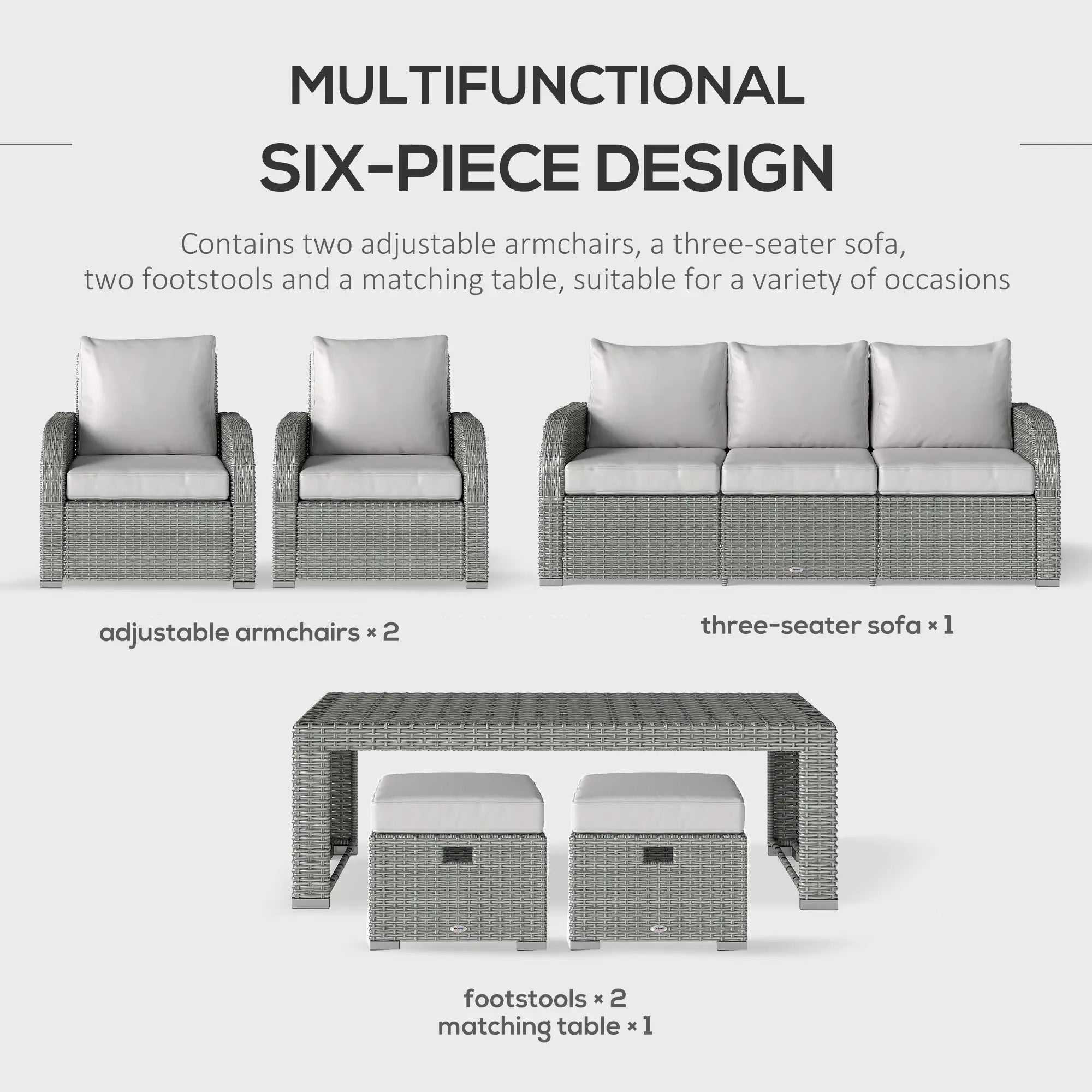 Six-piece Outdoor Rattan Dining Set, Outdoor Sofa Set with Reclining Armchairs and Mental Frame, Grey