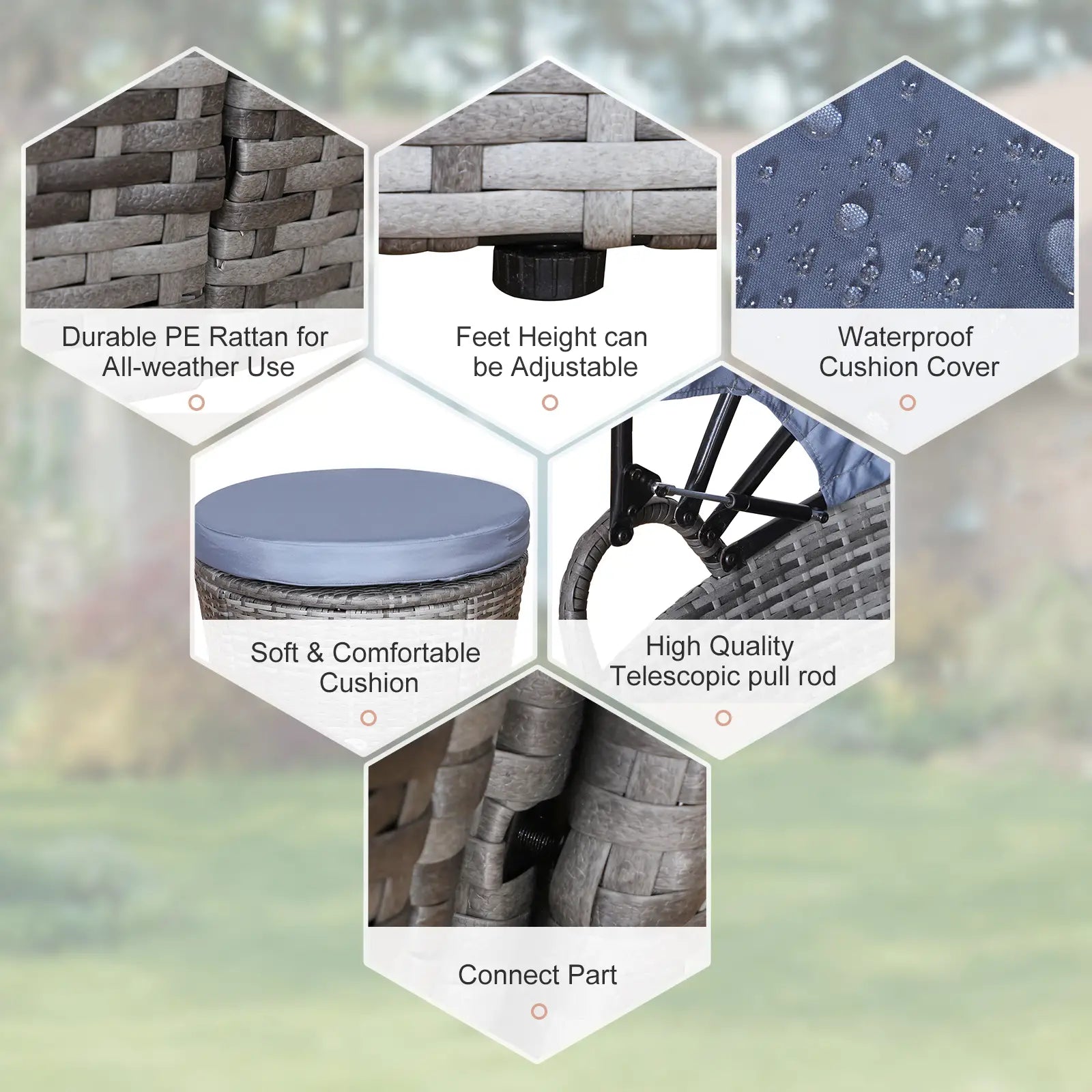 PE Rattan Lounge Set, 5 Pieces Patio Conversation Furniture Set, Garden Round Sofa Bed with Cushion and Retractable Canopy, Grey
