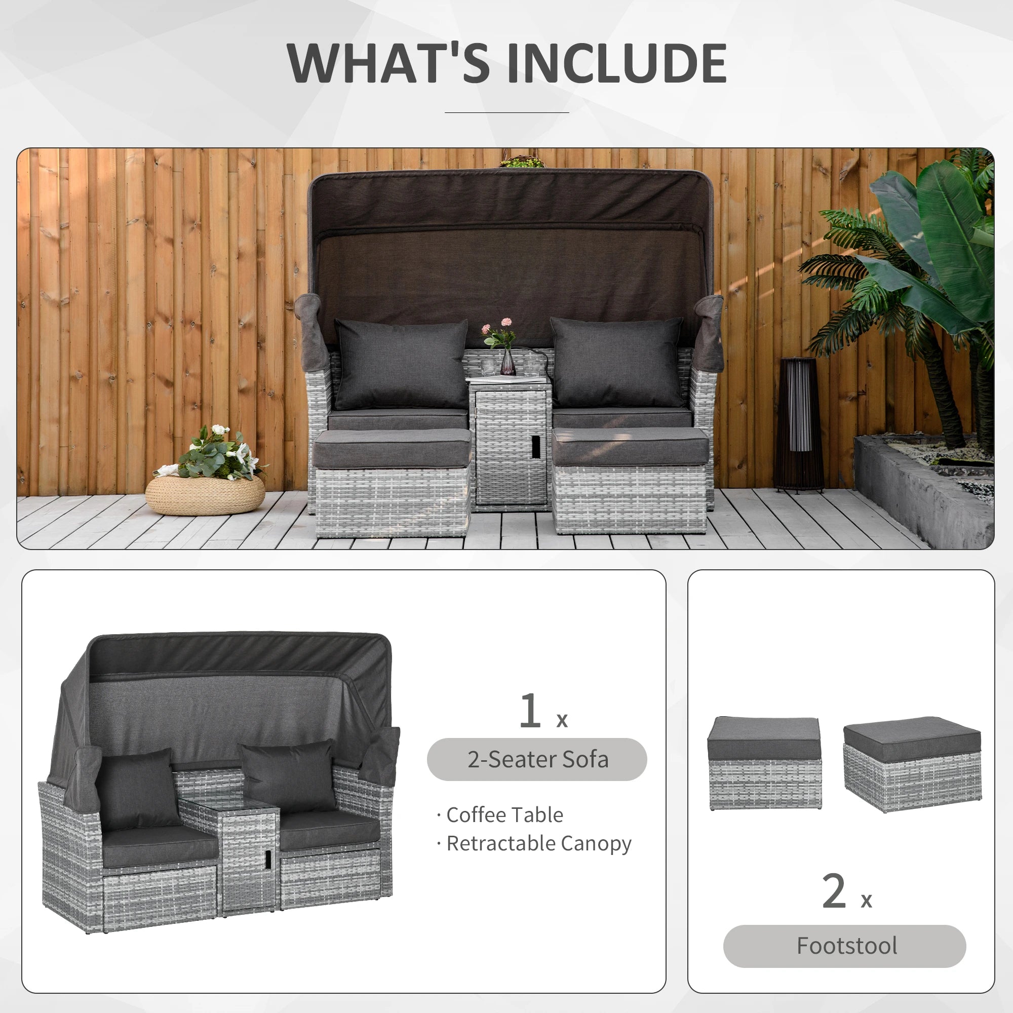 2-Seater Outdoor Rattan Daybed Sofa Footstool Coffee Table Set w/ Canopy, Cushion