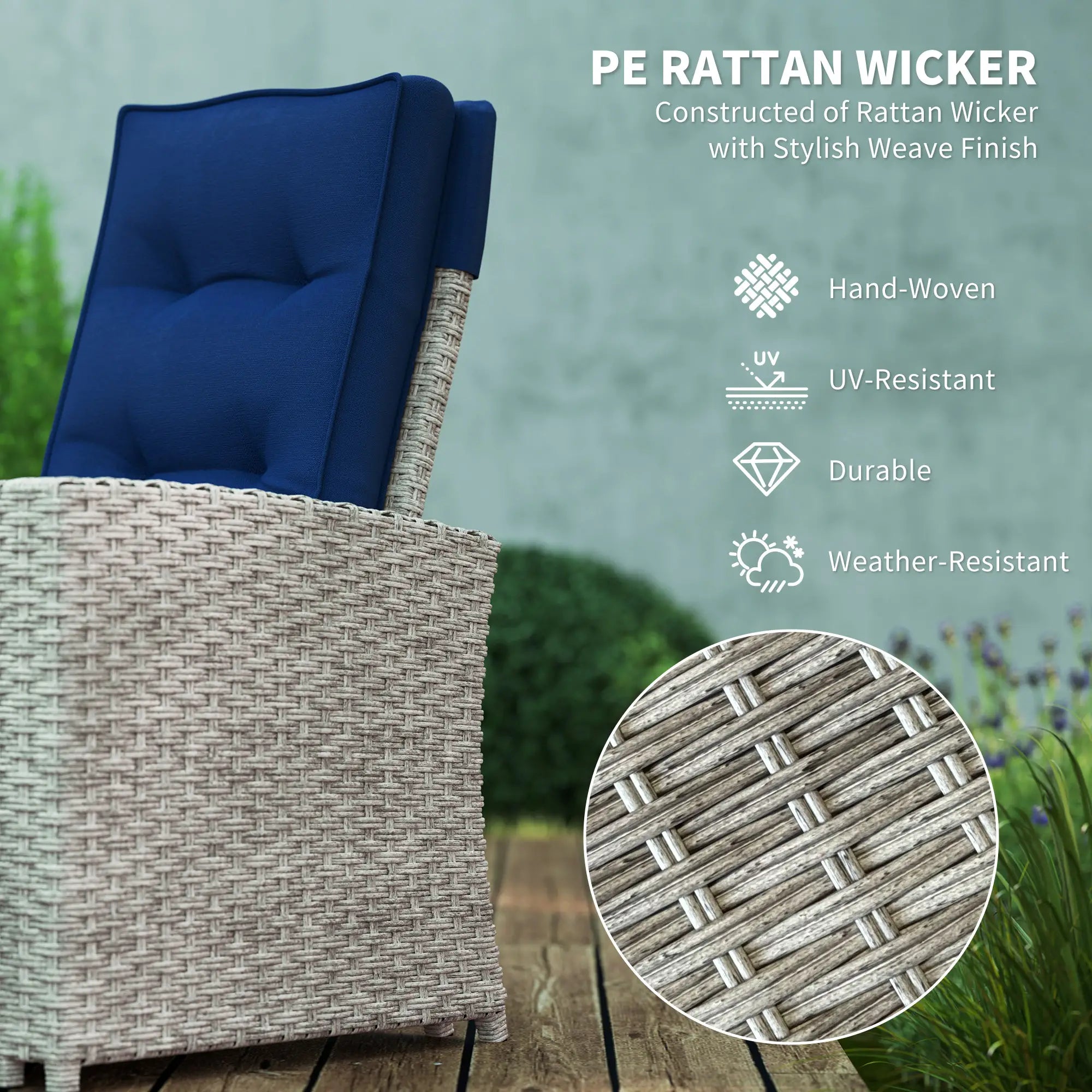 4 Piece Rattan Garden Furniture Set Outdoor Sofa Sectional Set with Glass Top Table for Poolside, Navy Blue