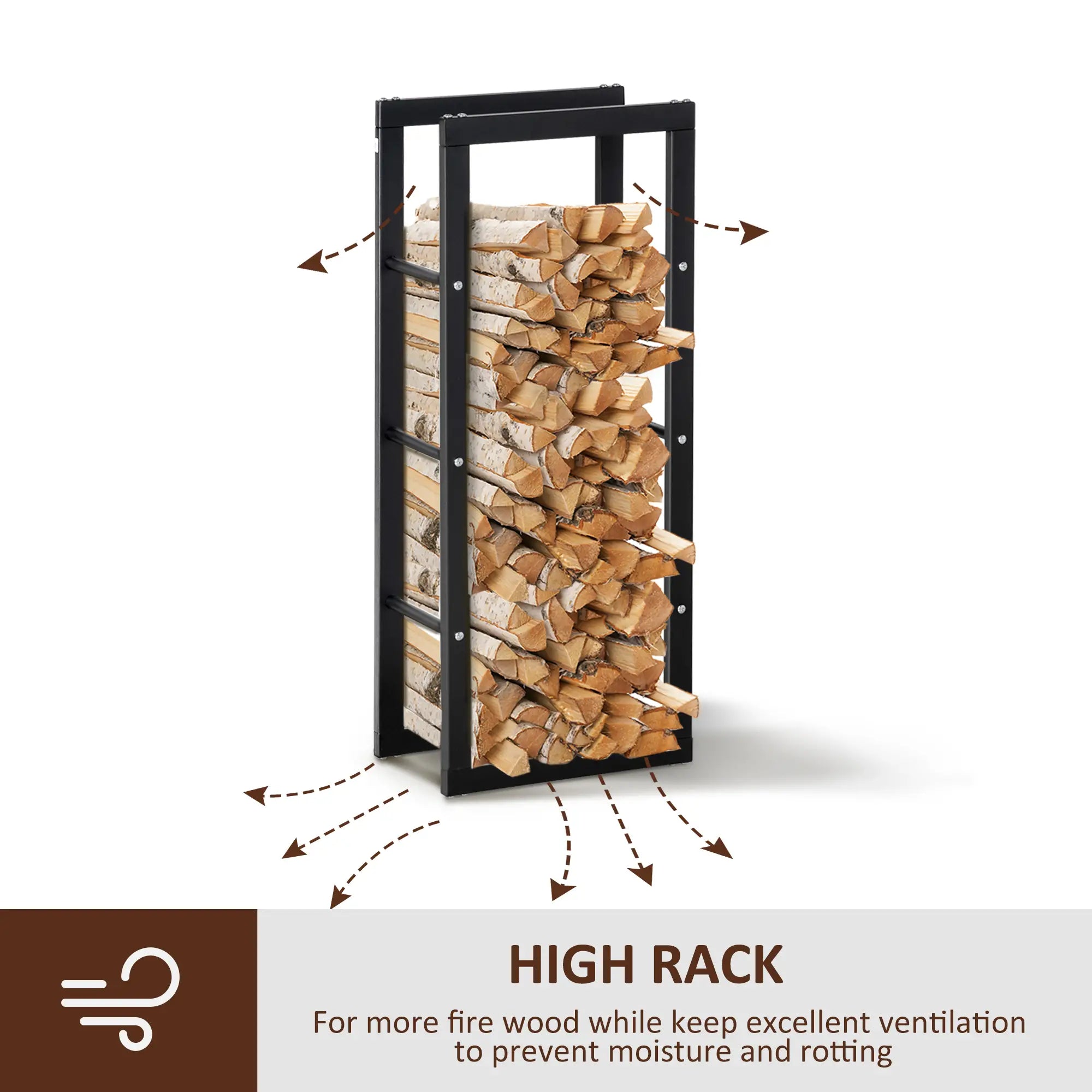 Metal Firewood Log Holder Tall Firewood Rack Indoor Outdoor Fireplace Wood Storage Shelf with Side Rails, Rust-Resistant, Black, 40W x 25D x 100H cm