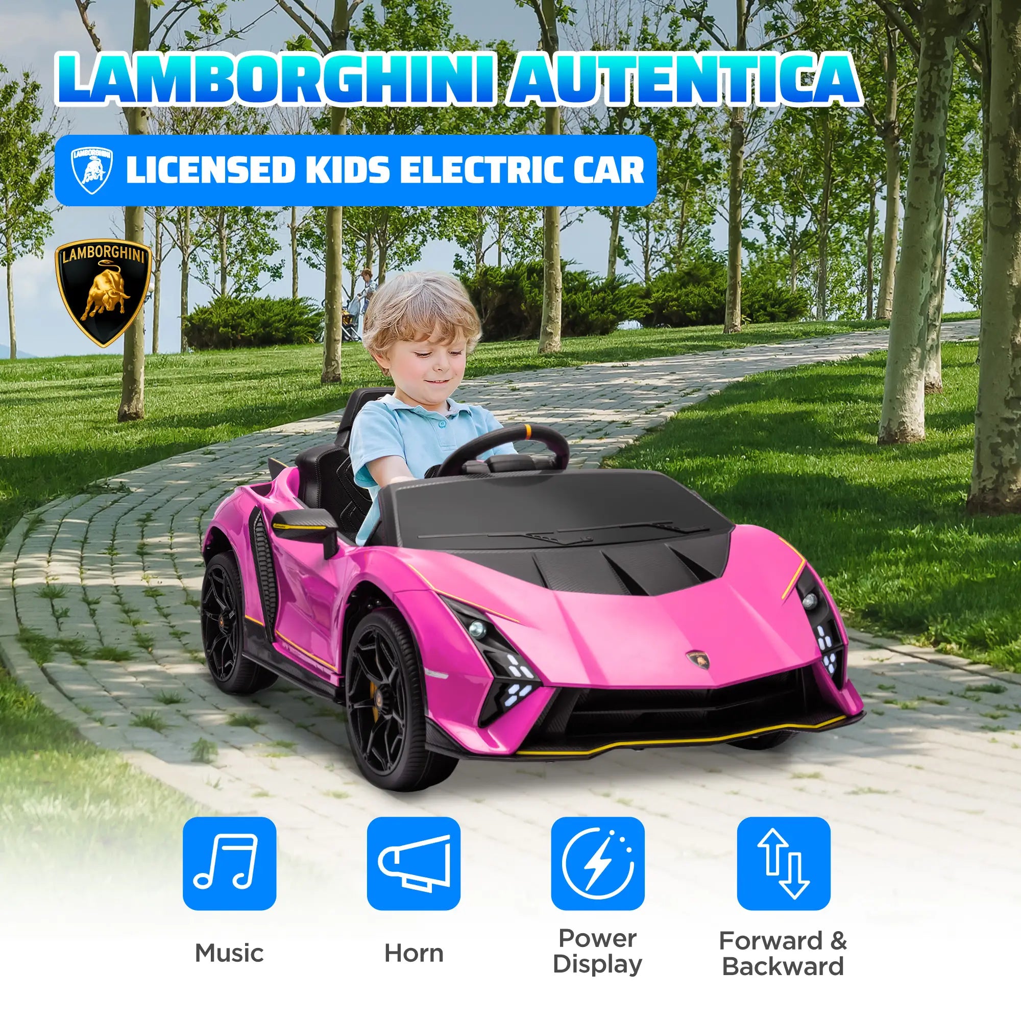 12V Lamborghini Autentica Licensed Kids Electric Car with Remote Control, 4 Suspension Wheels, Soft Start, Pink