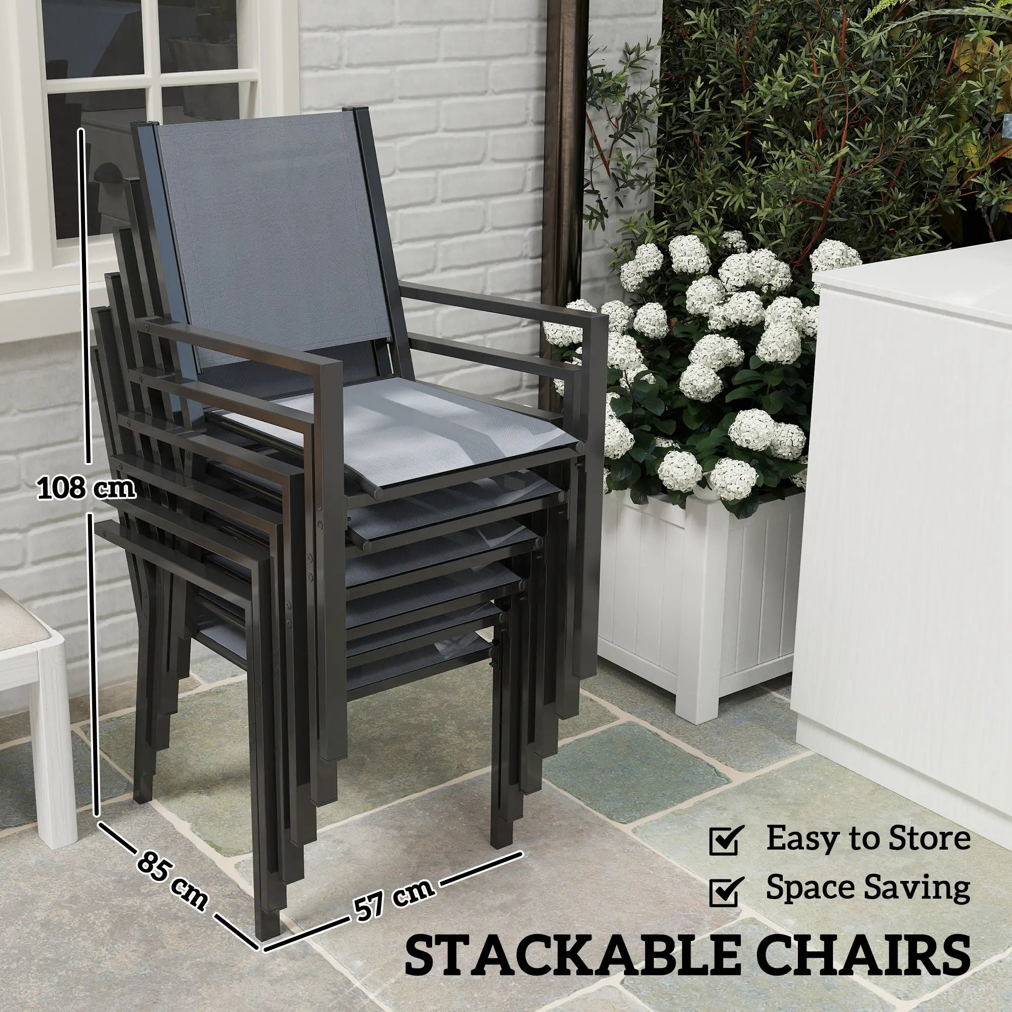 7 Piece Garden Dining Set, Outdoor Furniture Set with 6 Stackable Chairs and 150 cm Rectangle Table, WPC Slatted Top, Rust-Resistant Steel Frame, for Garden, Porch, Terrace