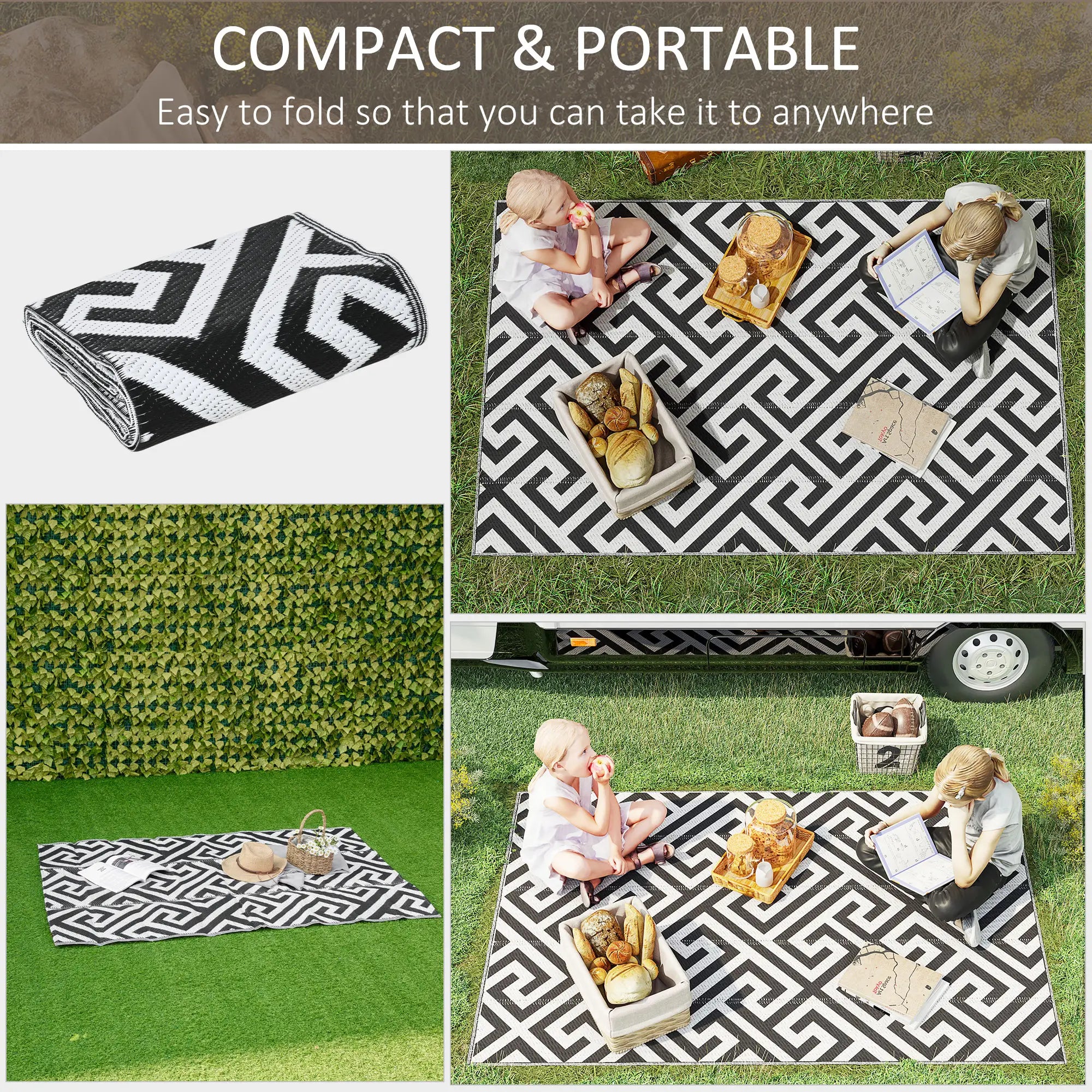 Outdoor Rug Reversible Mat Plastic Straw Rug Portable RV Camping Mat for Garden Deck Picnic Indoor, 121 x 182 cm (4 x 6 ft), Black & White