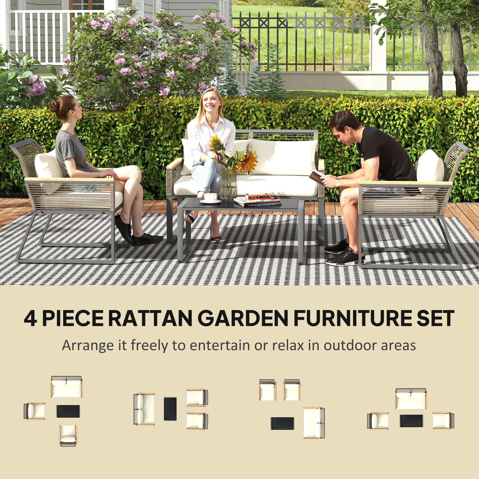 Four Piece Wicker Rope Garden Furniture Set with Glass Top Coffee Table - Grey