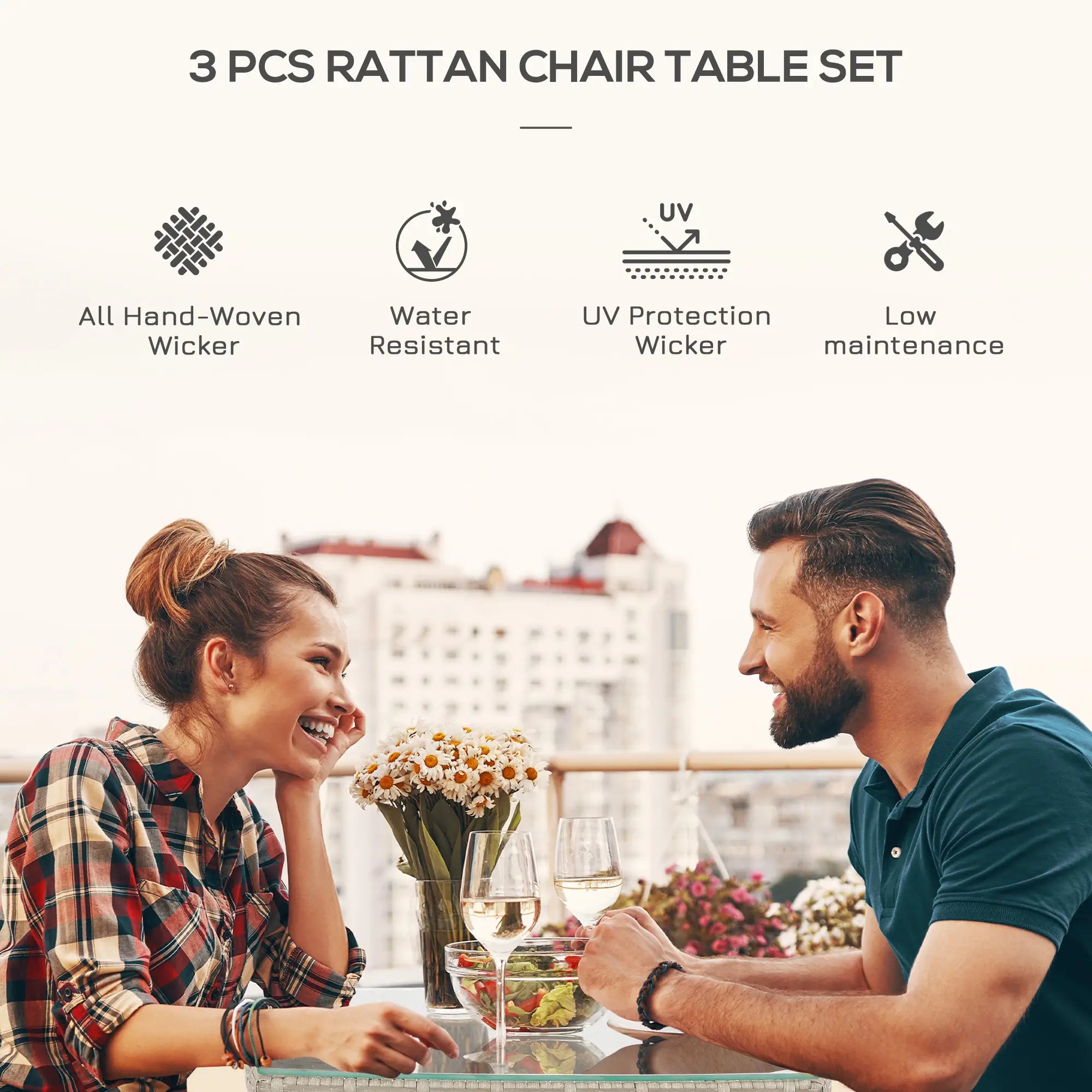 3 Pieces Rattan Bistro Set, Wicker Garden Furniture Set with 2-Tier Coffee Table and Chairs, Washable Cushions, for Outdoor Patio Balcony, Grey