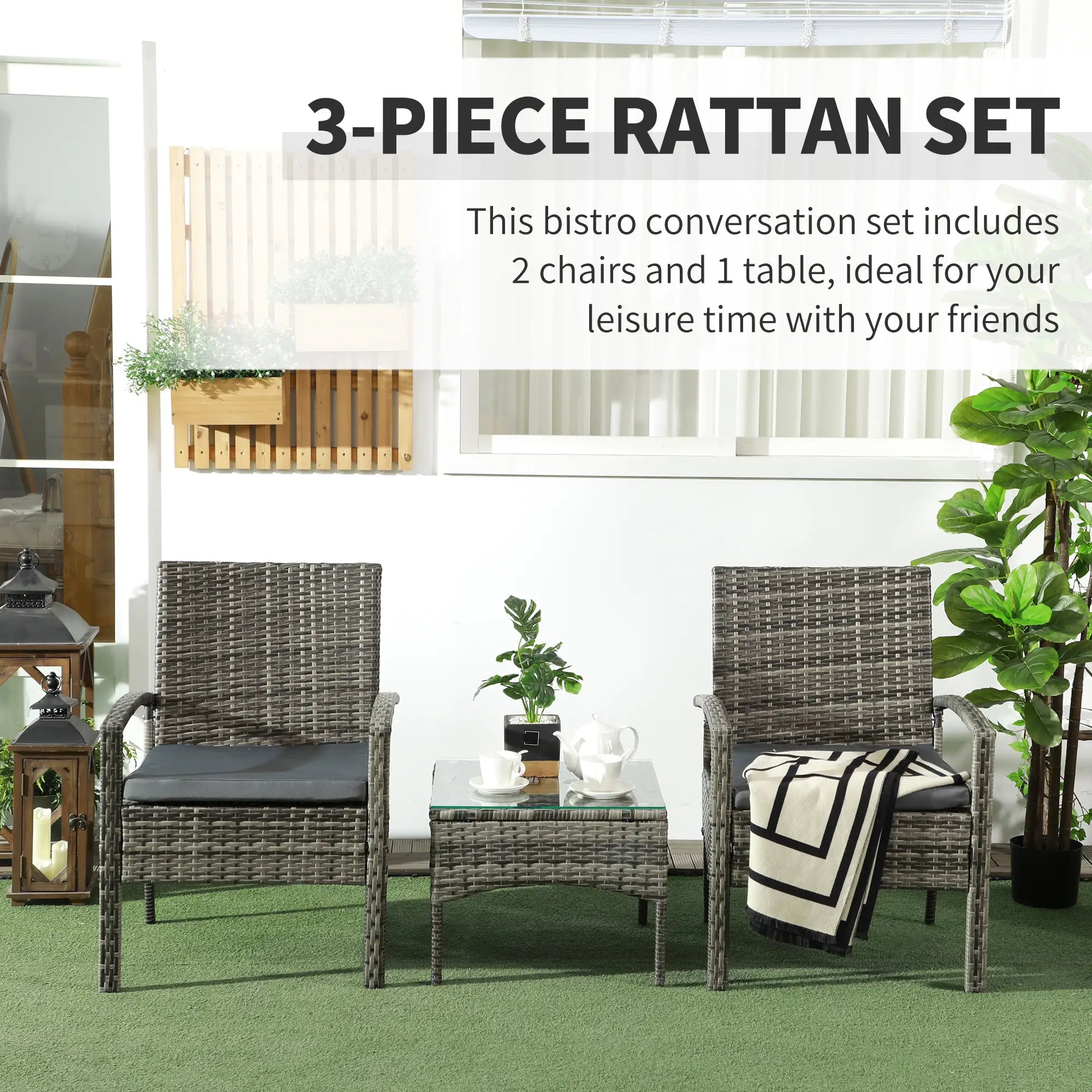 3 Pieces Rattan Bistro Set, Wicker Garden Furniture Set with Glass Top Coffee Table and Chairs, Washable Cushions for Outdoor, Patio, Balcony, Mixed Grey