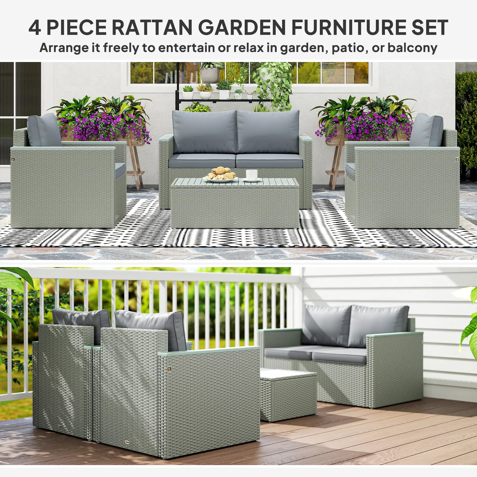 4 Piece Rattan Garden Furniture Set, 4 Seater Wicker Outdoor Sofa Set with 2 Armchairs, Loveseat, Acacia Wood Top Coffee Table, Cushions, Patio Conservatory Set for Balcony, Light Grey