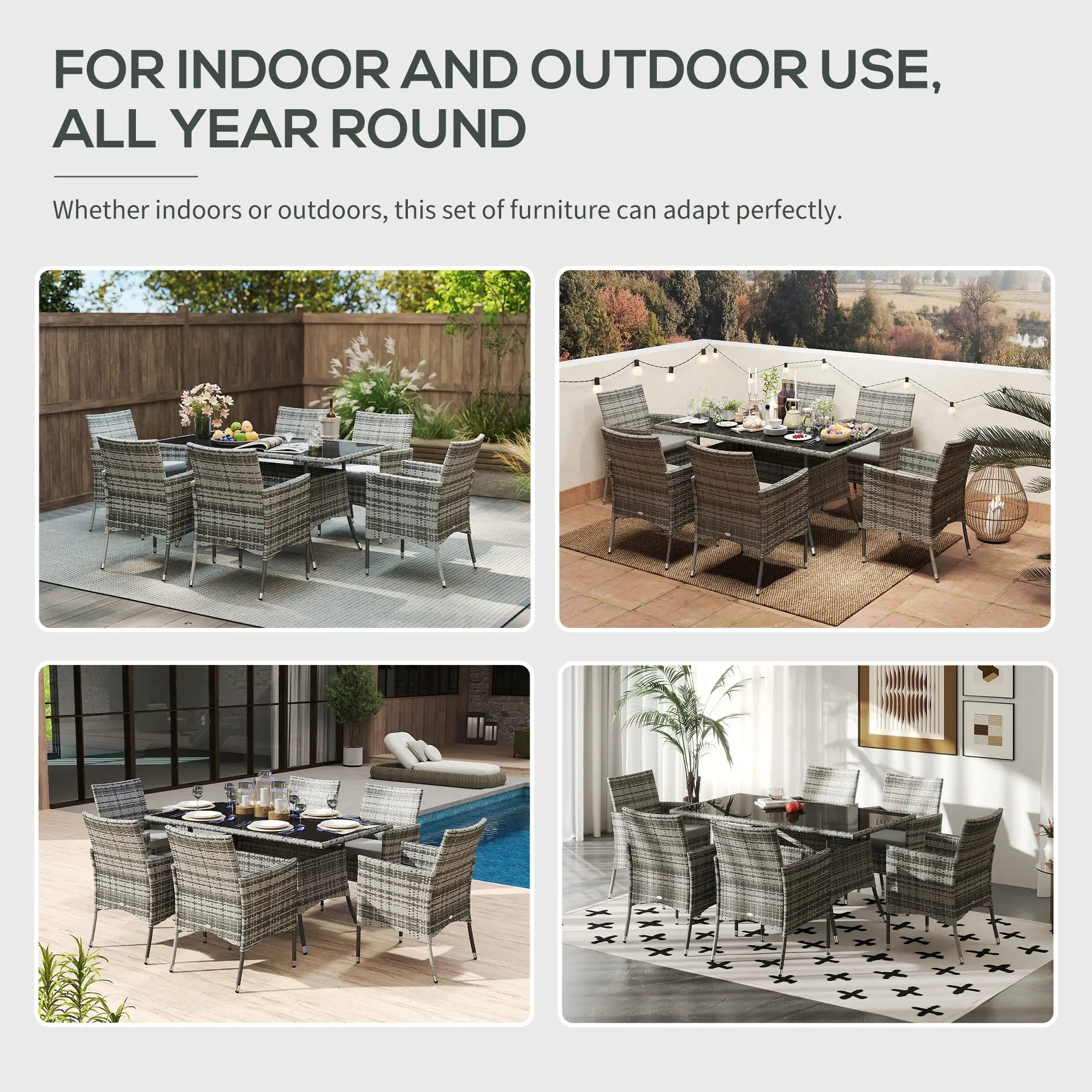 7-Piece Rattan Garden Furniture Set with Cushions, 6 Seater Garden Table and Chairs, Rattan Dining Set with 6 Armchairs, Rectangular Glass Top Table, Grey