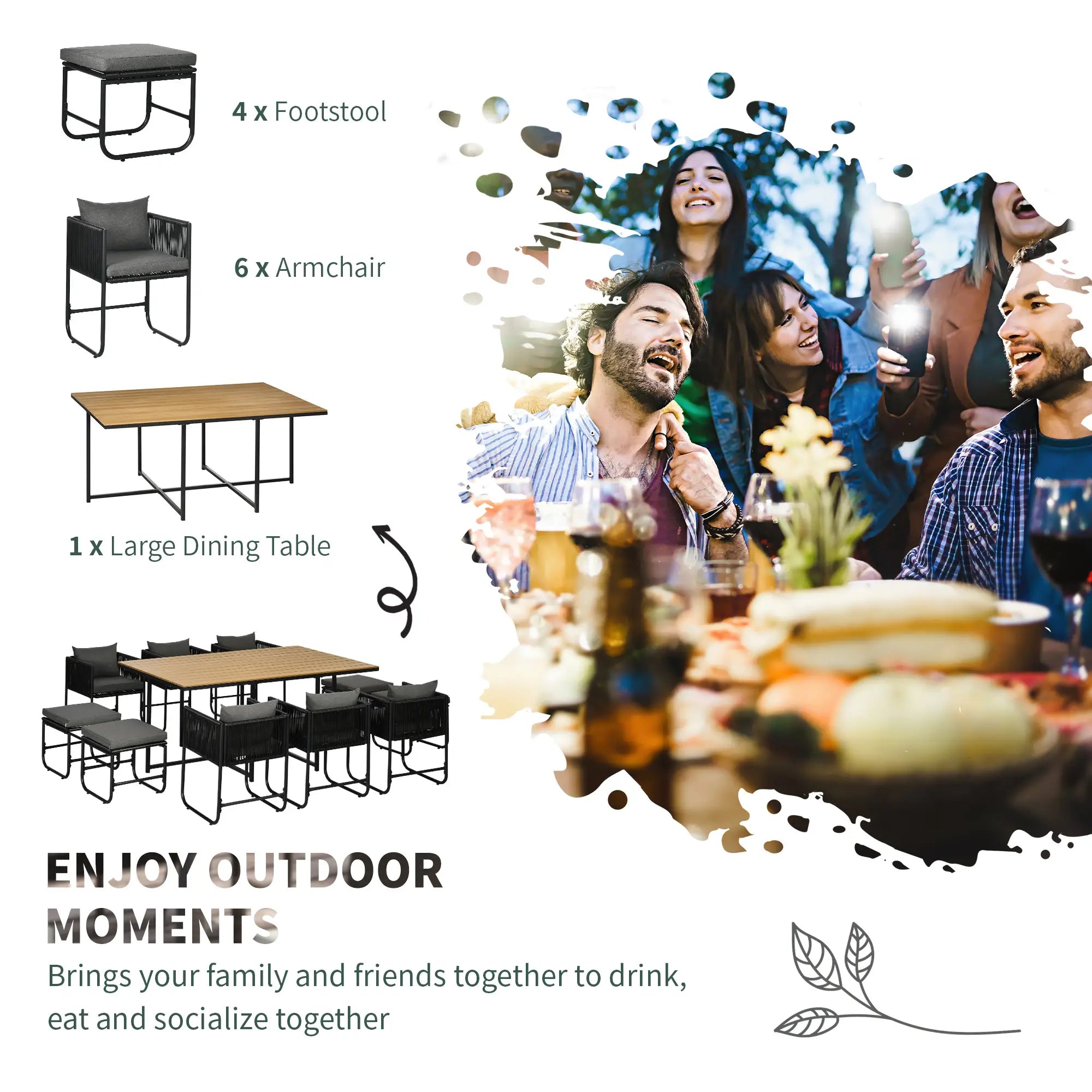 0 Seater Rattan Cube Garden Furniture Set, Rattan Dining Set with Cushions, Outdoor Dining Table and Chairs with 6 Armchairs, 4 Stools, Rectangular Wood Grain Plastic Top Table, Black