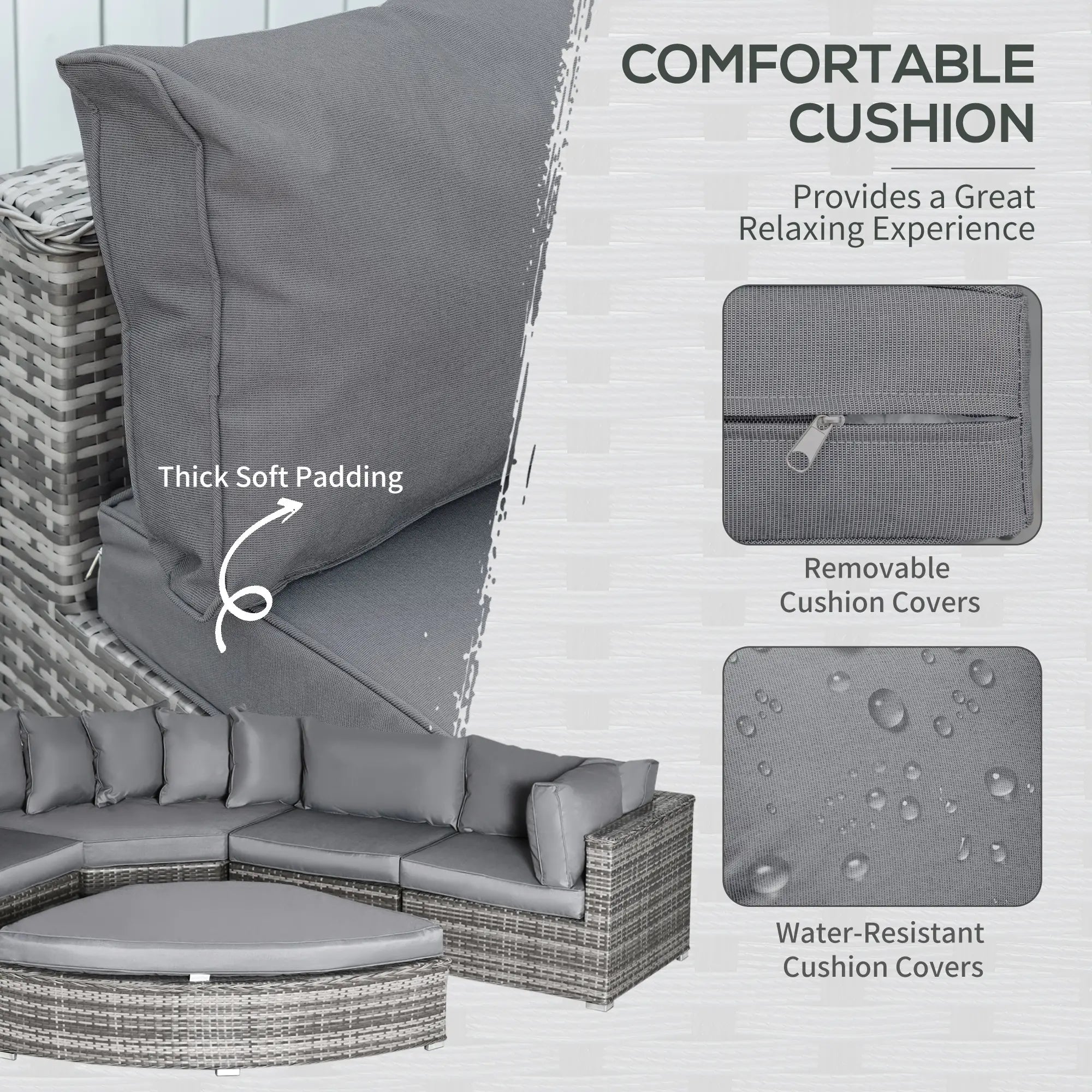 6 Pieces Outdoor PE Rattan Wicker Sofa Set with 10cm Thick Padded Cushionsand Half Round Patio Conversation Furniture Set with Angled Corner Designand Ottomansand and Back Pillows, Grey