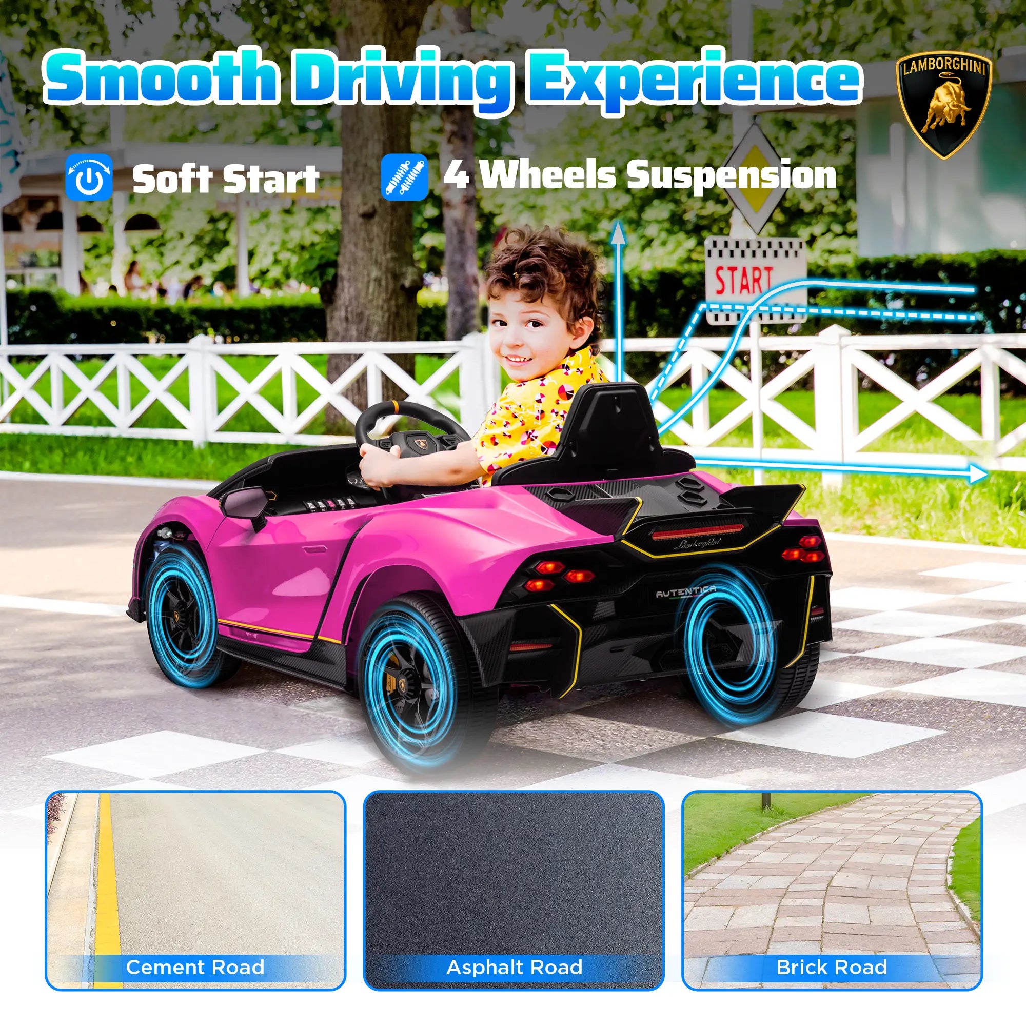 12V Lamborghini Autentica Licensed Kids Electric Car with Remote Control, 4 Suspension Wheels, Soft Start, Pink