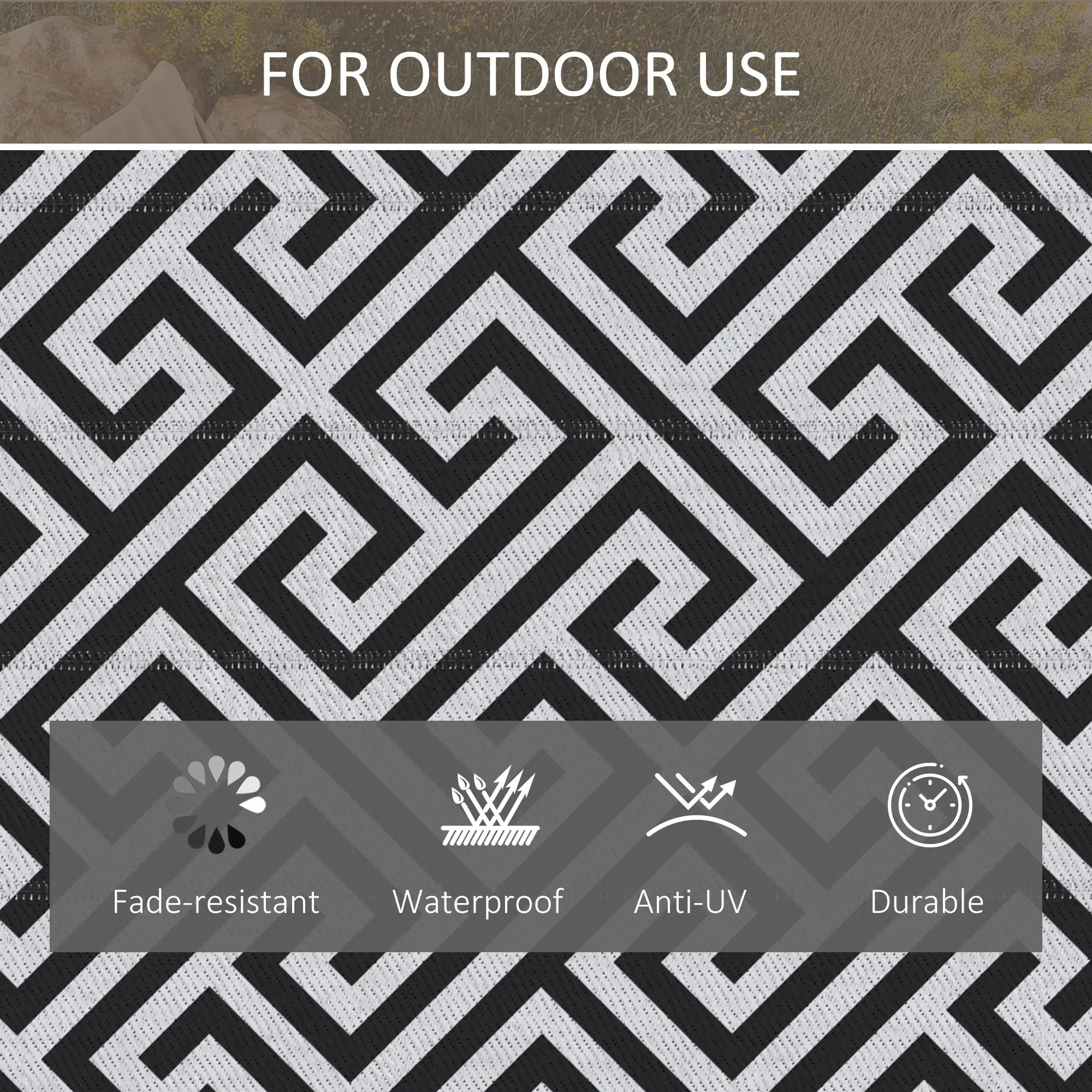 Outdoor Rug Reversible Mat Plastic Straw Rug Portable RV Camping Mat for Garden Deck Picnic Indoor, 121 x 182 cm (4 x 6 ft), Black & White