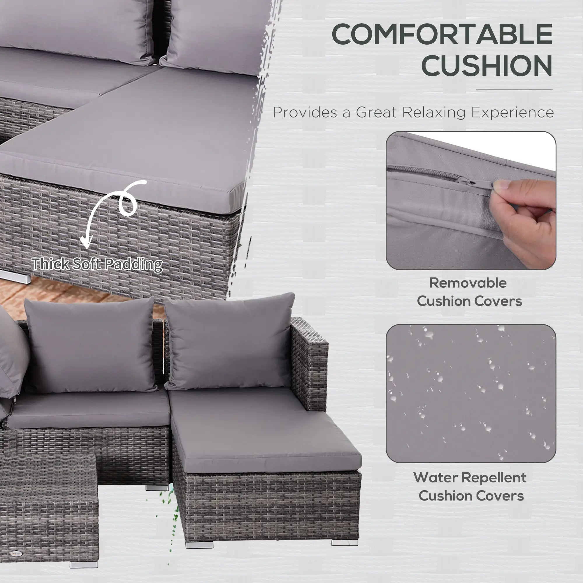 3PC Rattan Garden Furniture Storage Sofa Set 4 Seater Wicker Coffee Table Conservatory Sun Lounger Reclining Set Outdoor Weave with Cushion Grey