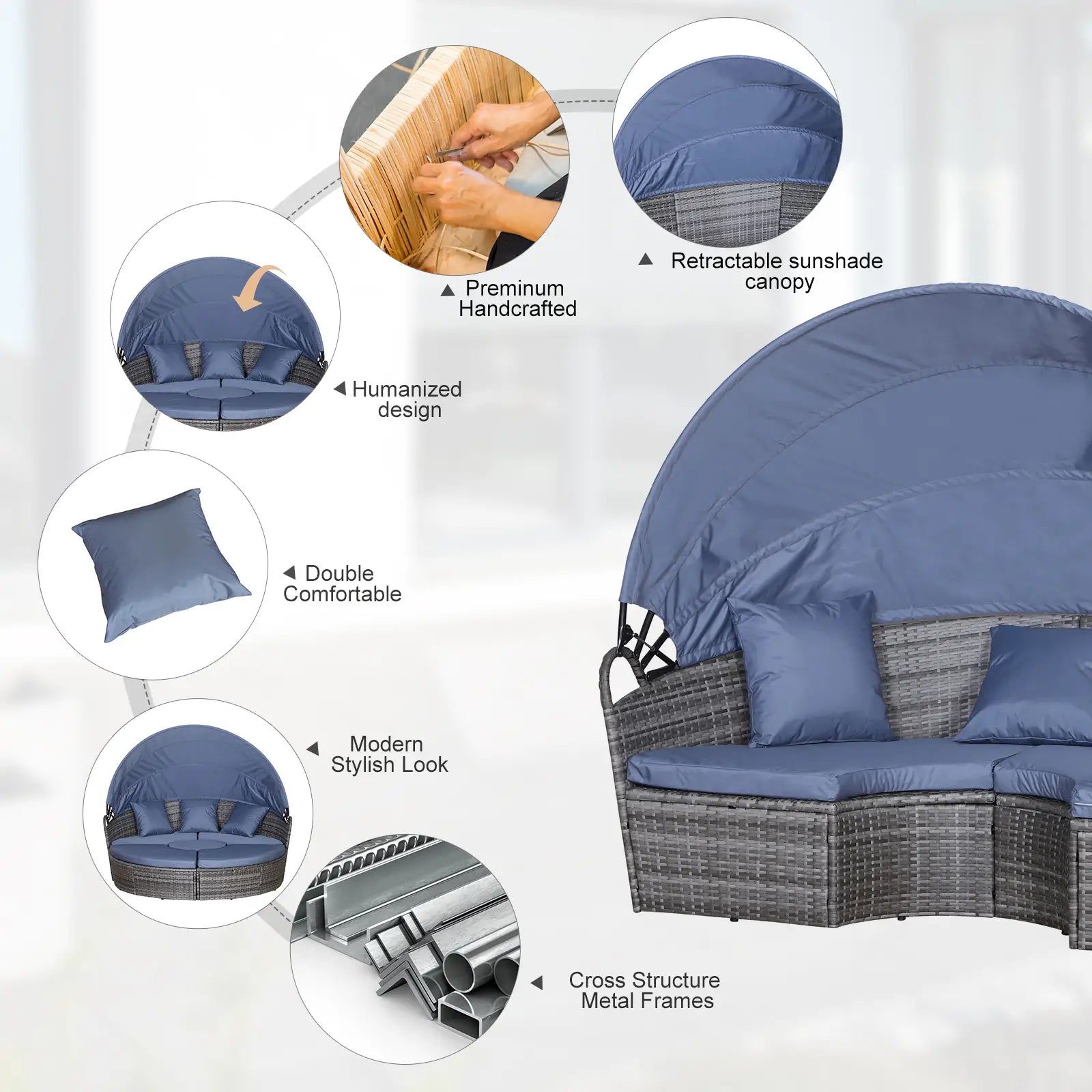 PE Rattan Lounge Set, 5 Pieces Patio Conversation Furniture Set, Garden Round Sofa Bed with Cushion and Retractable Canopy, Grey