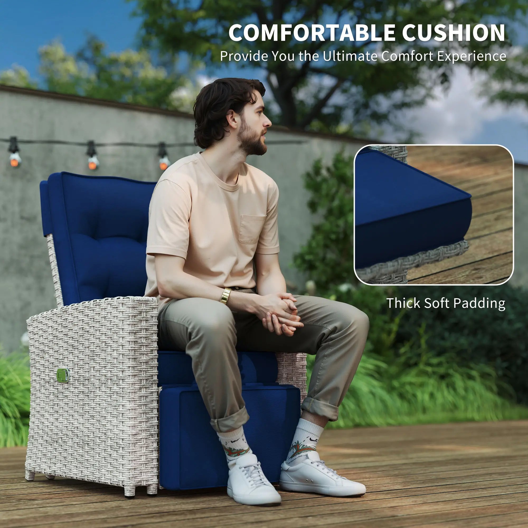 4 Piece Rattan Garden Furniture Set Outdoor Sofa Sectional Set with Glass Top Table for Poolside, Navy Blue