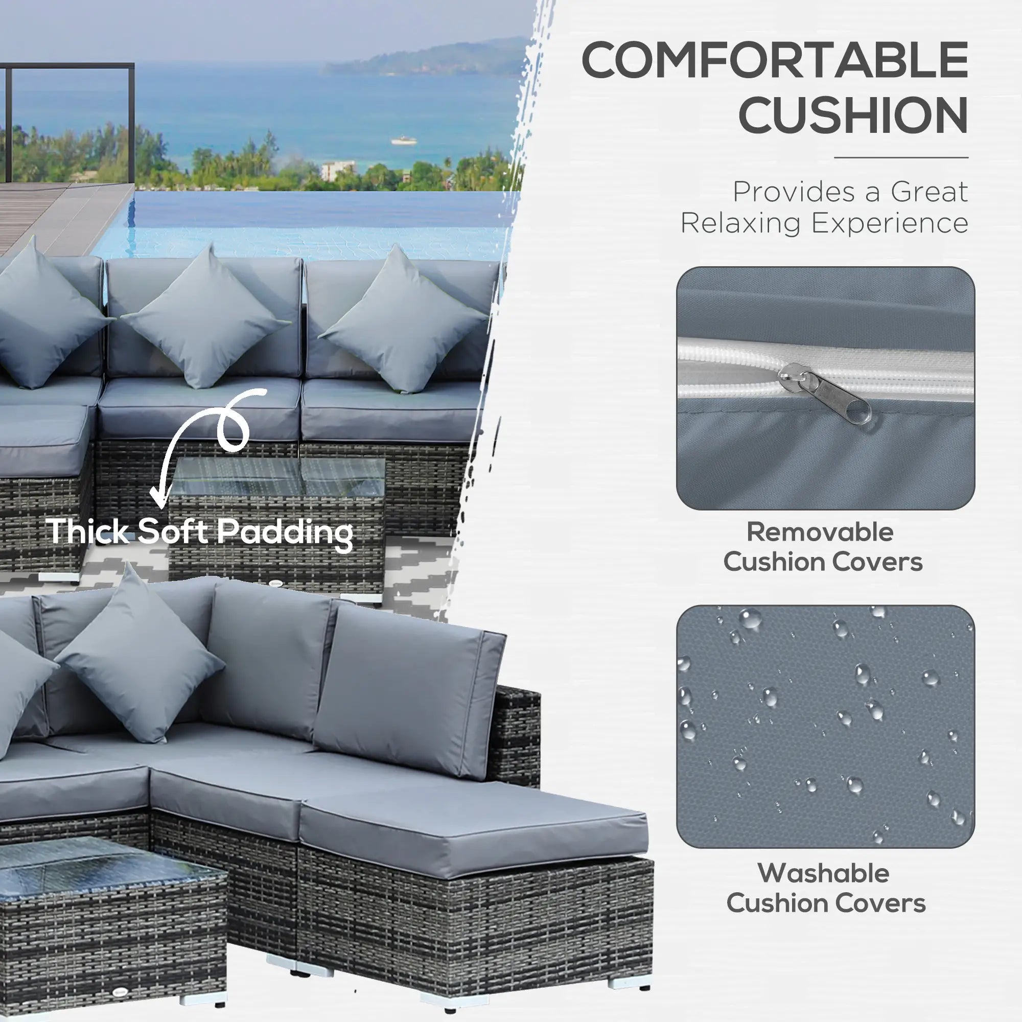 8 Pieces PE Rattan Corner Sofa Set with Thick Cushions, Aluminium Outdoor Rattan Garden Furniture Set with Glass Top Table, No Assembly Required, Grey