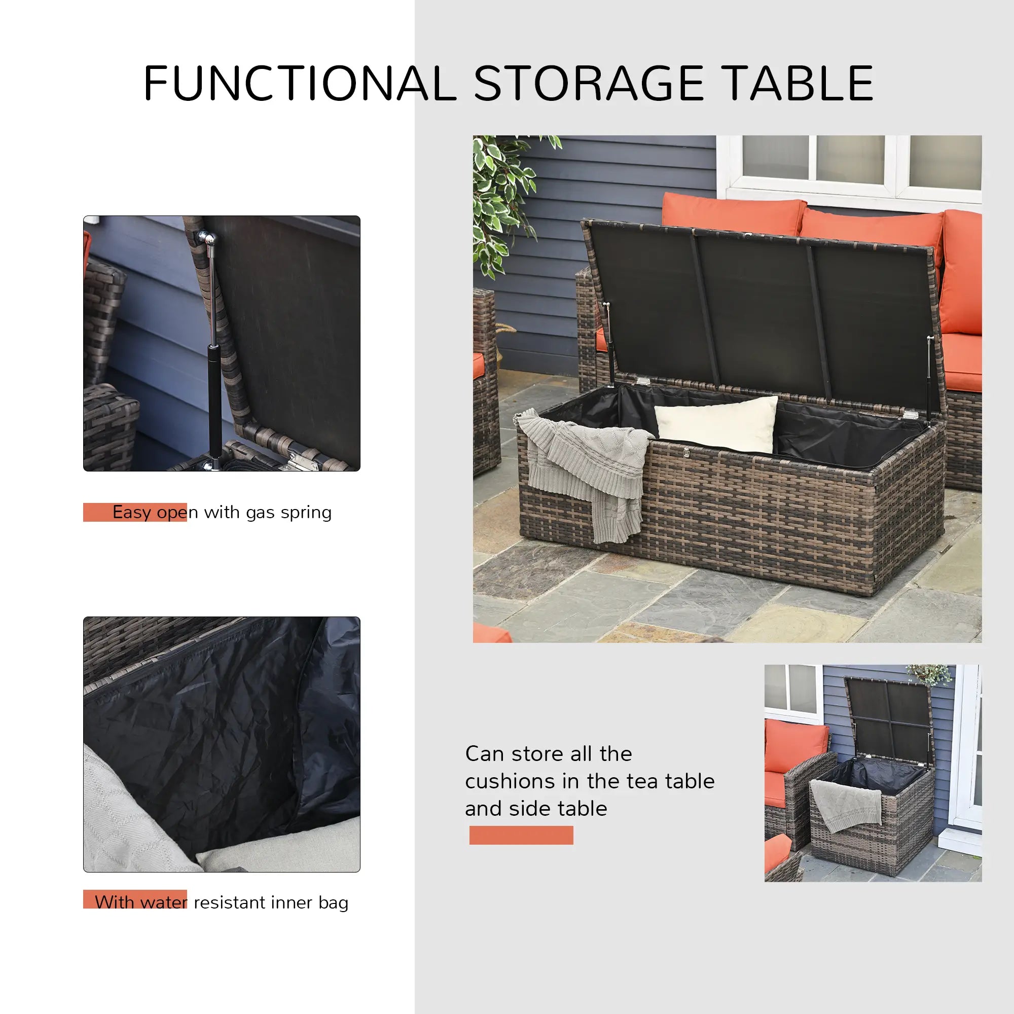 6 Pieces Rattan Garden Furniture Set, 7 Seater Wicker Outdoor Furniture Set with Storage Tea Table & Side Table, Sectional Garden Sofa Set with Cushions, Orange
