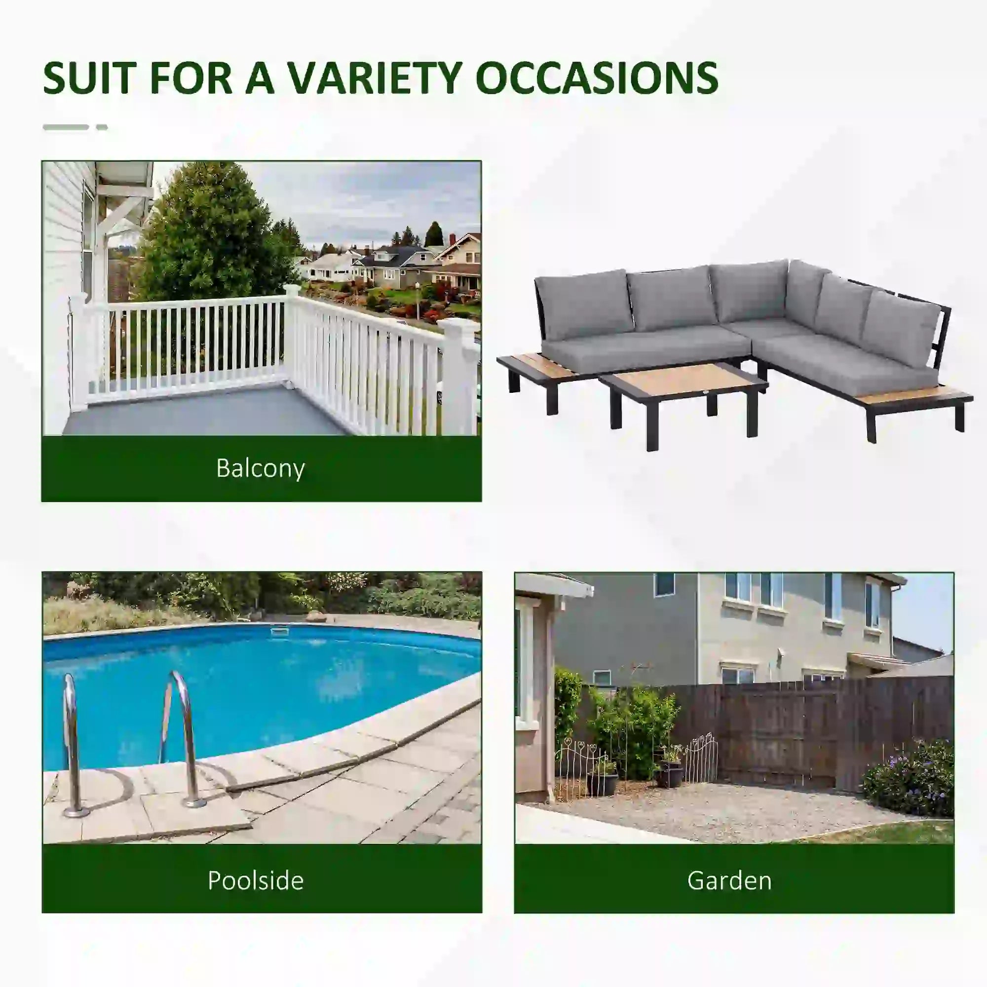 4 Pieces Aluminium Garden Furniture Set L Shape Sofa Set with Tables, Cushions for Indoor, Garden, Patio, Dark Grey
