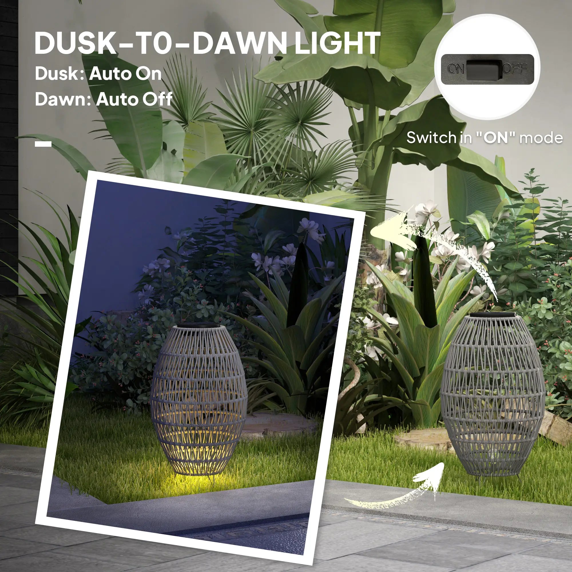 Rattan Solar Lamp, Garden Solar Lantern with Auto On/Off Light, IP44 Waterproof, Decorative Outdoor Rattan Lamp for Porch, Pathway, Grey