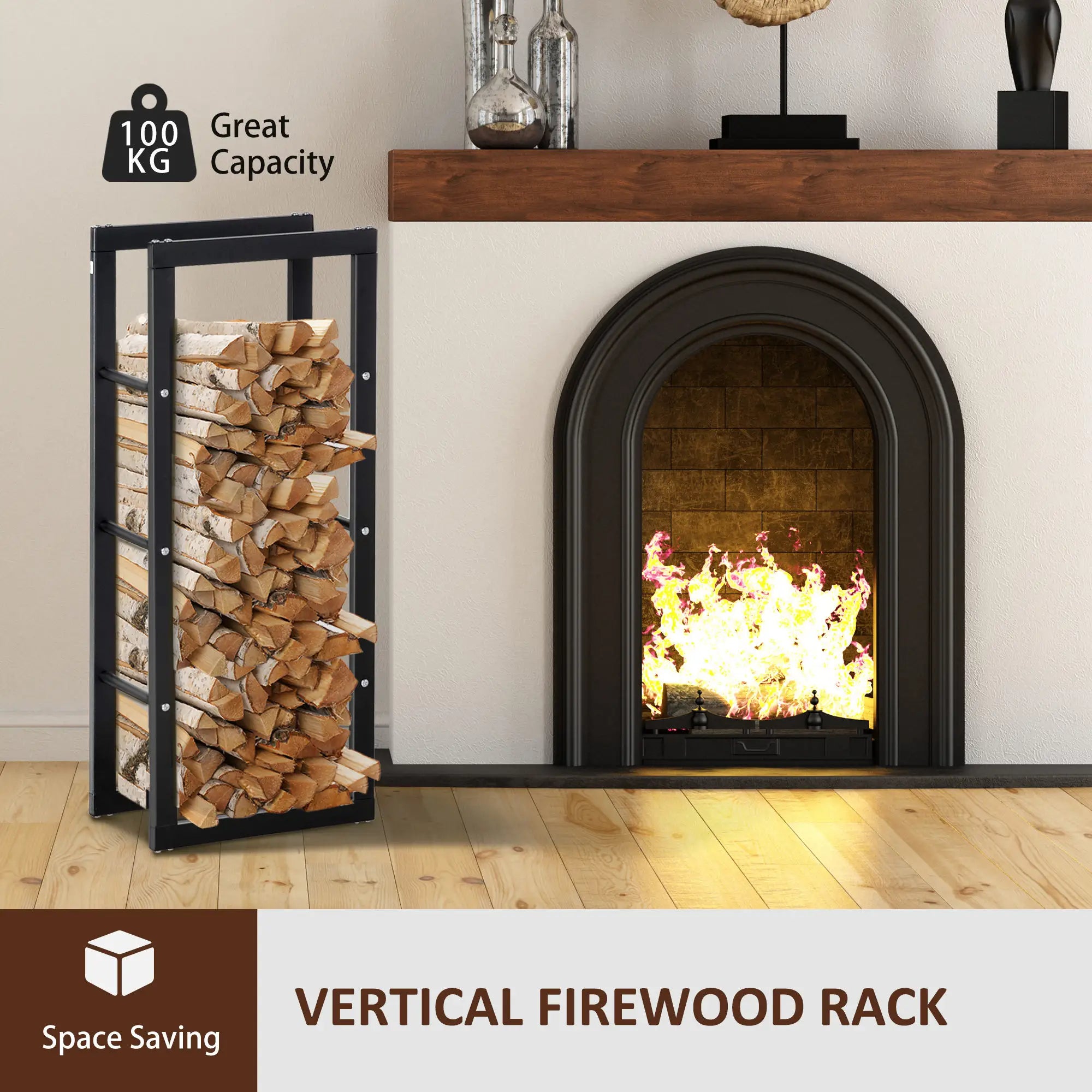 Metal Firewood Log Holder Tall Firewood Rack Indoor Outdoor Fireplace Wood Storage Shelf with Side Rails, Rust-Resistant, Black, 40W x 25D x 100H cm