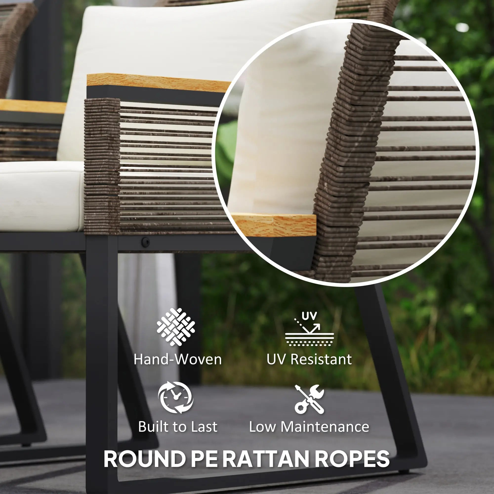 Four Piece Wicker Rope Garden Furniture Set with Glass Top Coffee Table - Grey