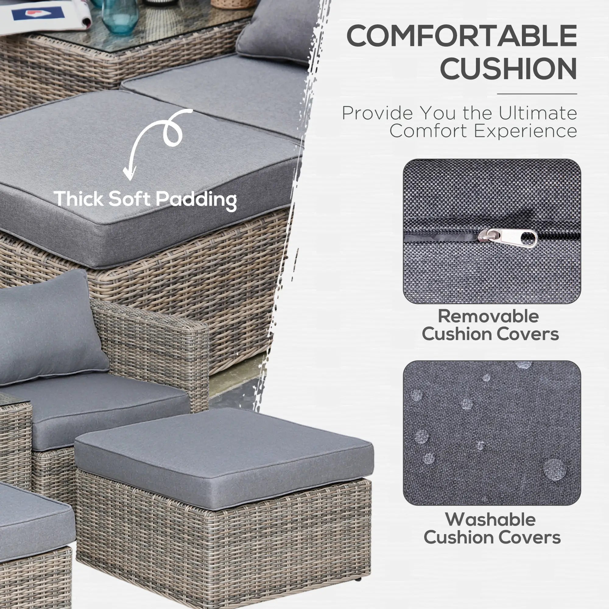 5 Piece Rattan Garden Furniture Set w/ 10cm Thick Cushions, Aluminium Frame Wicker Outdoor Balcony Sofa Set with Corner Armchairs, Ottomans, and Glass Top Table, Mixed Brown