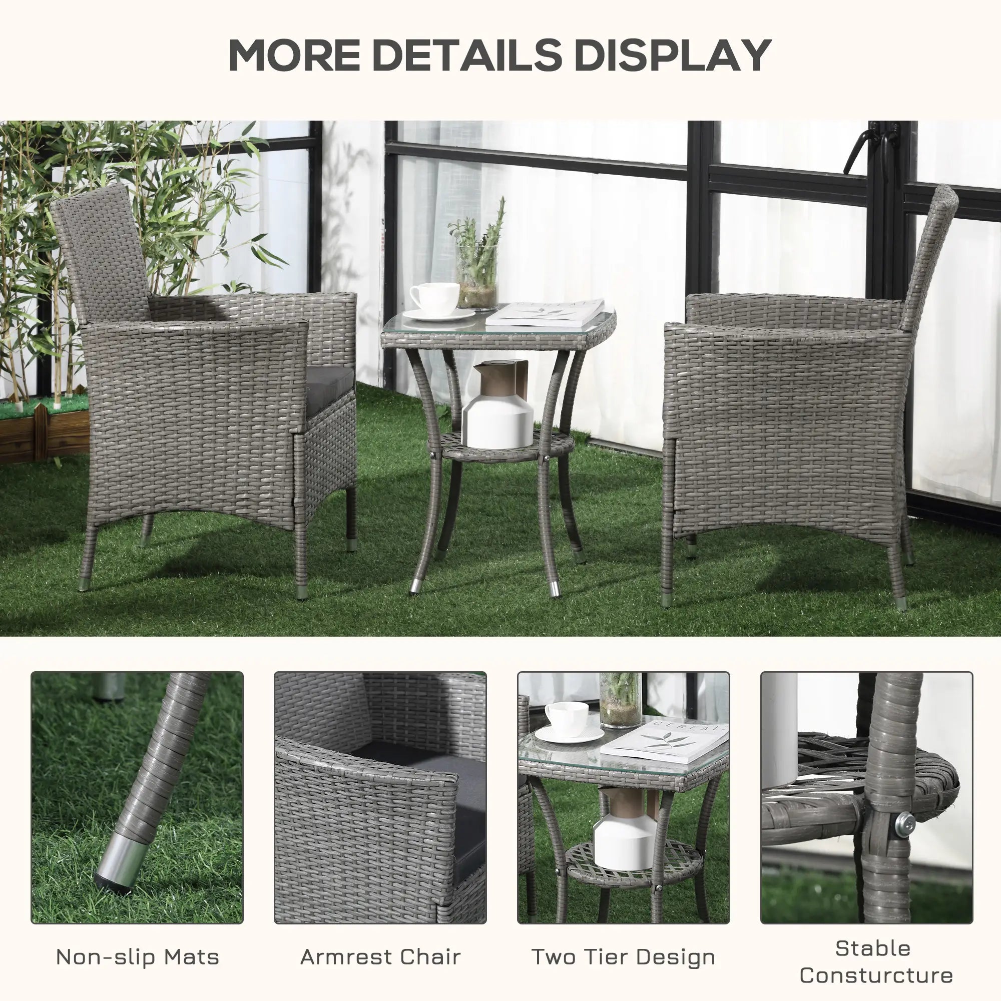 3 Pieces Rattan Bistro Set, Wicker Garden Furniture Set with 2-Tier Coffee Table and Chairs, Washable Cushions, for Outdoor Patio Balcony, Grey