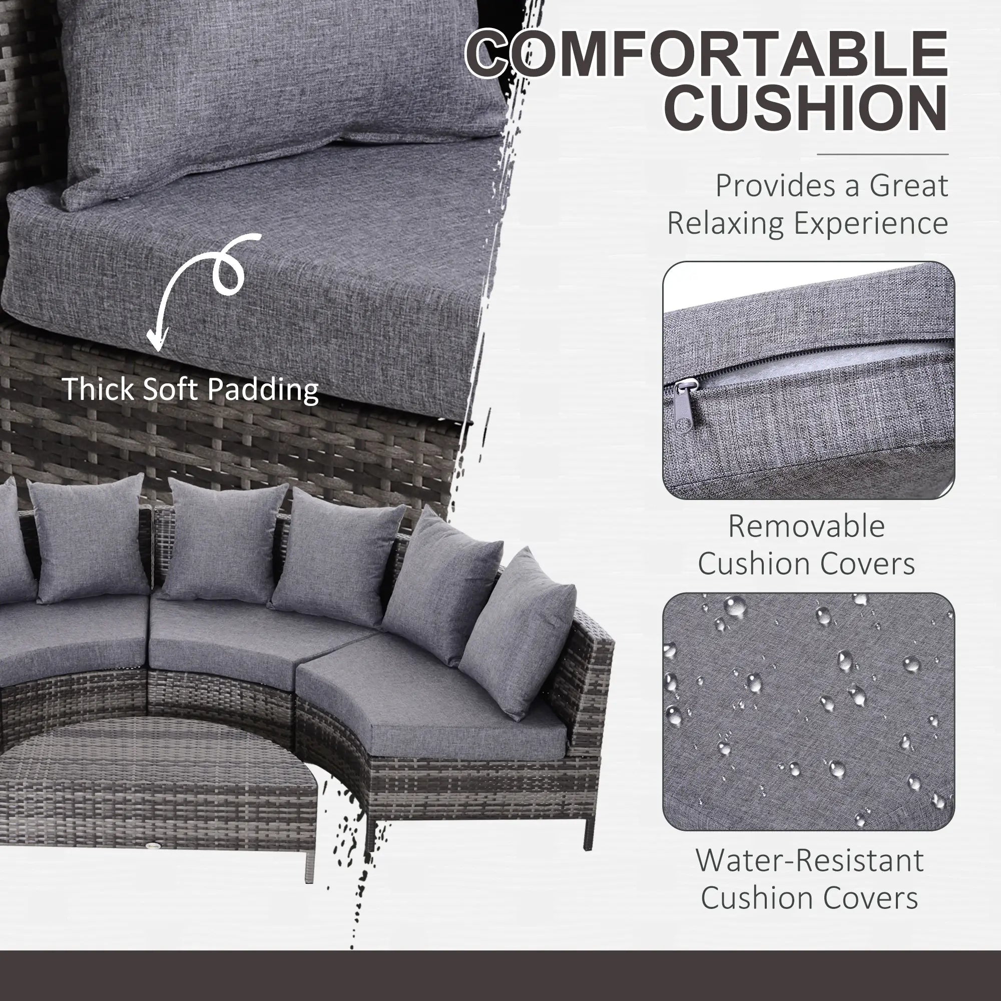 5 Pieces Rattan Garden Furniture Set, 4 Seater Half-Round Garden Sofa Set with Thickened Cushions, Wicker Conservatory Furniture with 4 Chairs, Rattan Coffee Table and Pillows, Grey