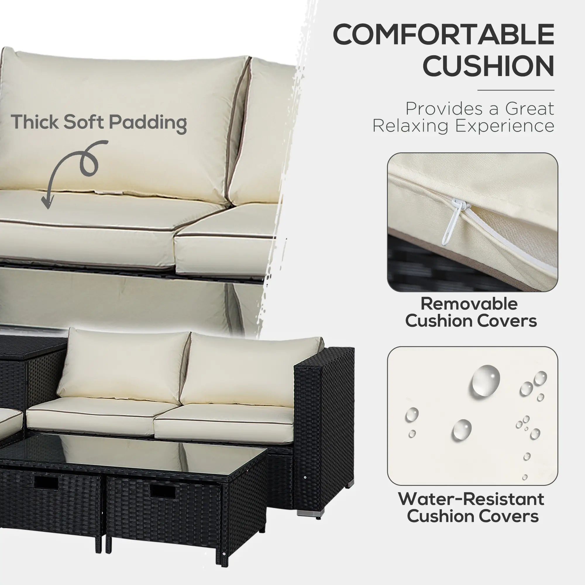 4 Pieces Rattan Garden Furniture Set, 4 Seater Corner Sofa Set with Storage Box, 2 Drawers Coffee Table, Loveseats with Cushions, Wicker Garden Conservatory Furniture for Balcony, Black