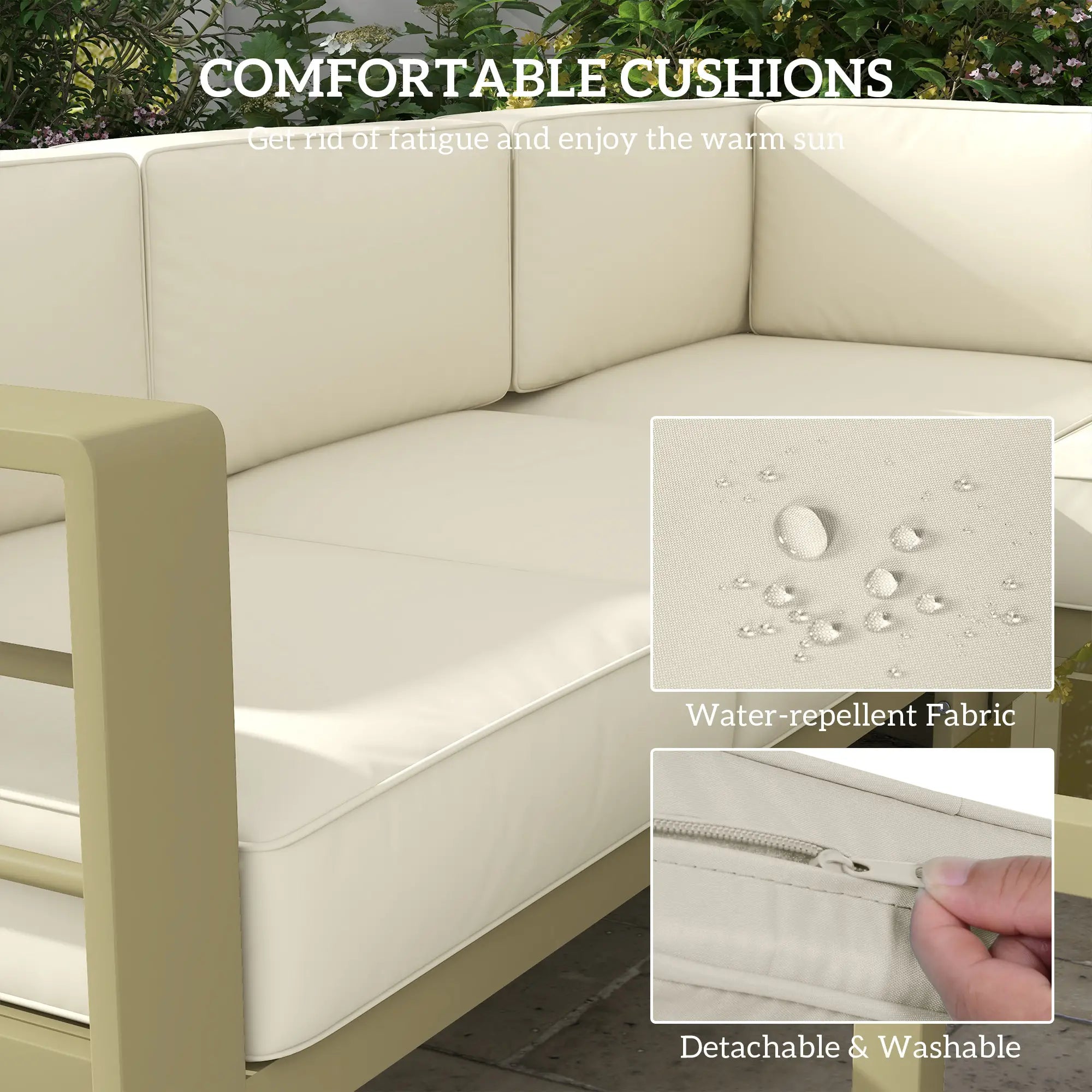 5-Piece Garden Corner Sofa Set with Cushions, 6 Seater Aluminium Garden Furniture Set with Glass Top Coffee Table, Patio Sectional Conservatory Furniture for Patio & Terrace, Gold Tone