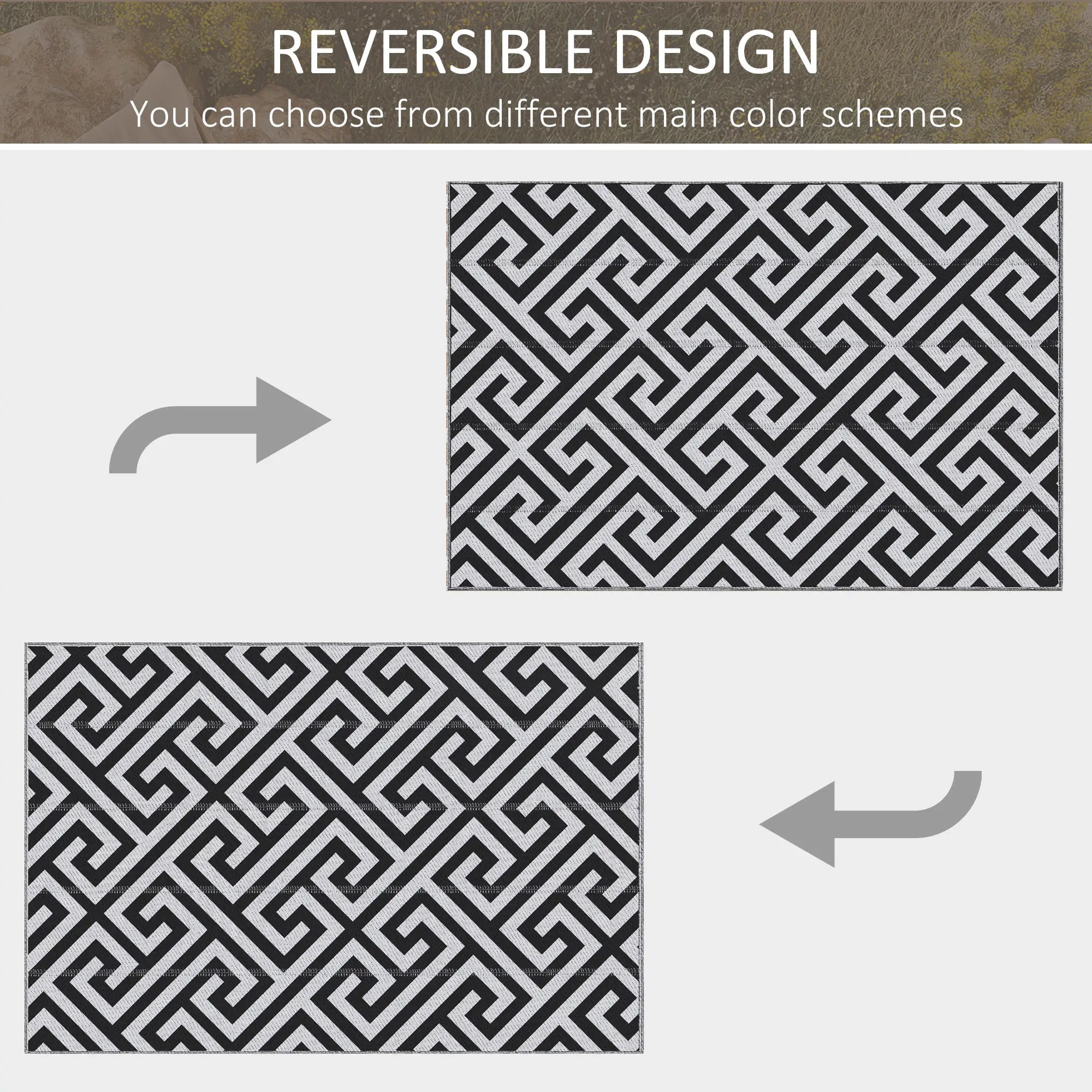 Outdoor Rug Reversible Mat Plastic Straw Rug Portable RV Camping Mat for Garden Deck Picnic Indoor, 121 x 182 cm (4 x 6 ft), Black & White