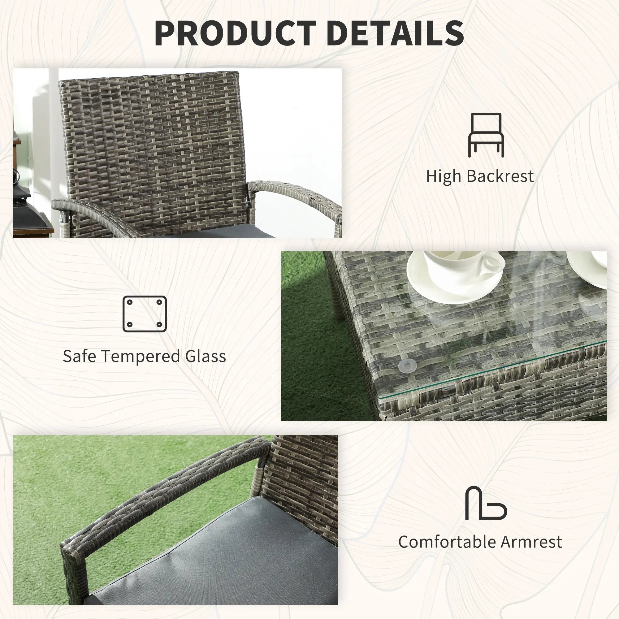 3 Pieces Rattan Bistro Set, Wicker Garden Furniture Set with Glass Top Coffee Table and Chairs, Washable Cushions for Outdoor, Patio, Balcony, Mixed Grey
