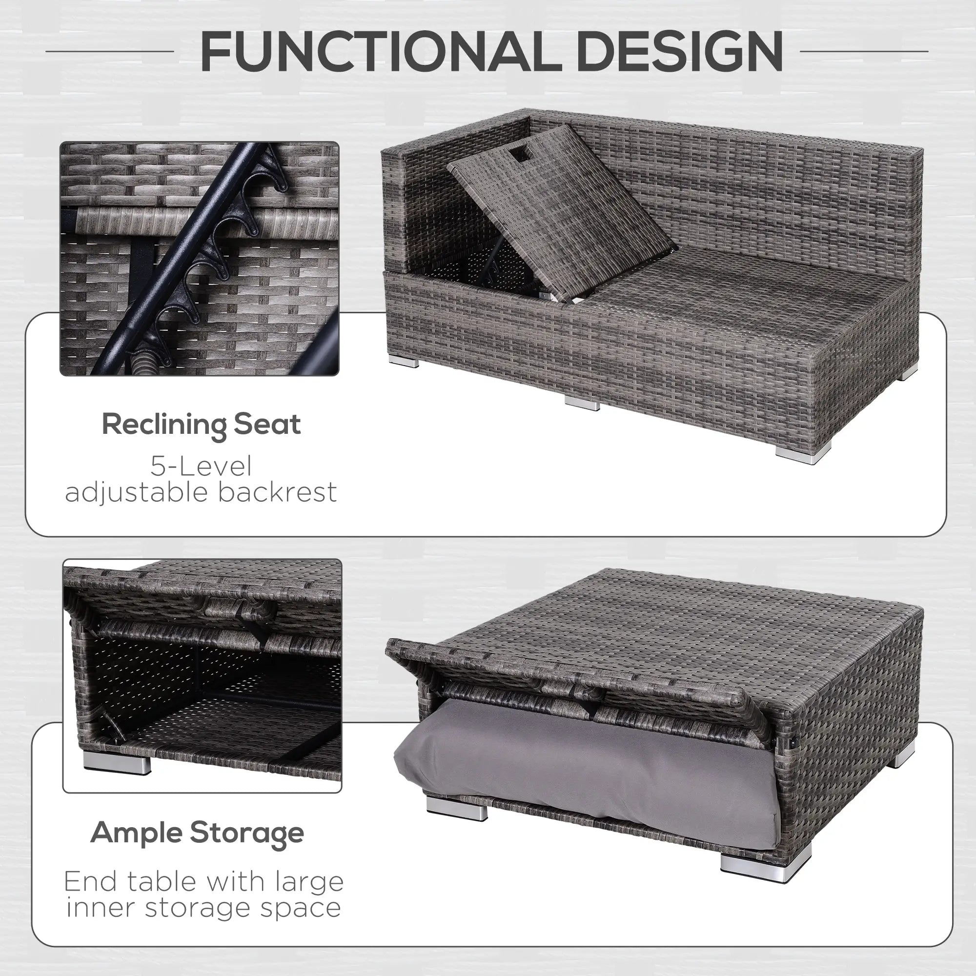 3PC Rattan Garden Furniture Storage Sofa Set 4 Seater Wicker Coffee Table Conservatory Sun Lounger Reclining Set Outdoor Weave with Cushion Grey