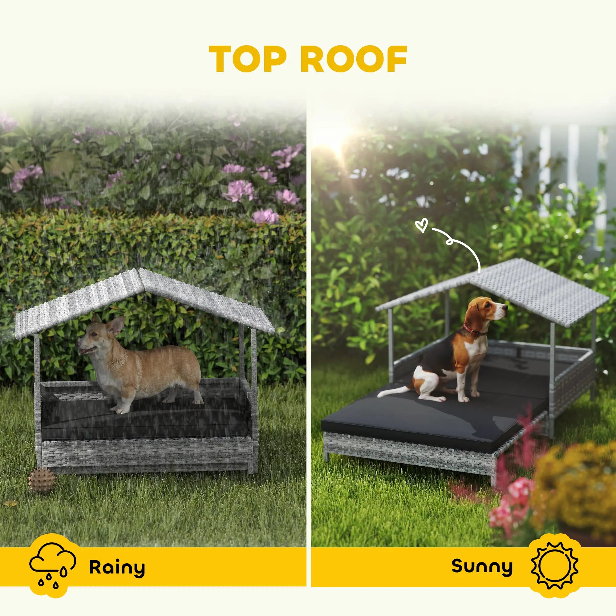 Extendable Elevated Dog Bed, Rattan Dog House, with Water-Resistant Roof, Removable Cushion, Charcoal Grey