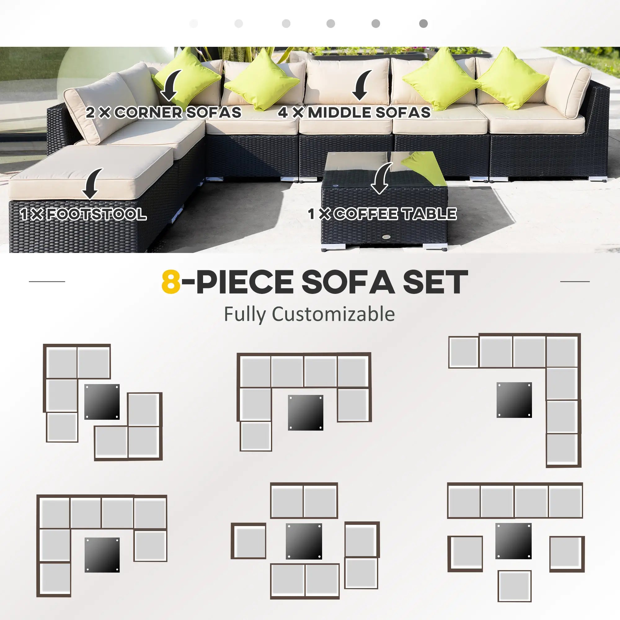 8 Pieces PE Rattan Corner Sofa Set with Thick Cushions, Aluminium Outdoor Rattan Garden Furniture Set with Glass Top Table, No Assembly Required, Black
