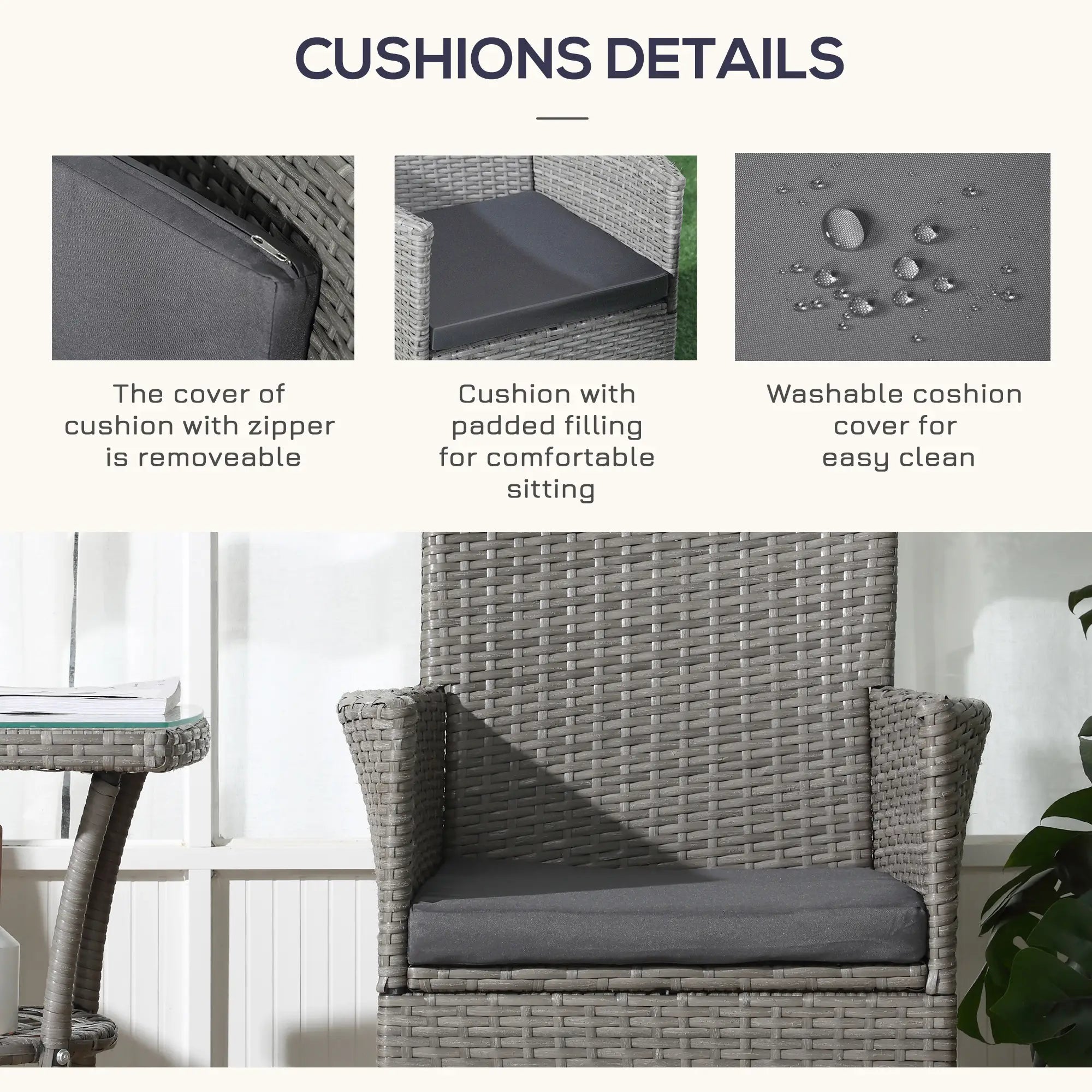 3 Pieces Rattan Bistro Set, Wicker Garden Furniture Set with 2-Tier Coffee Table and Chairs, Washable Cushions, for Outdoor Patio Balcony, Grey