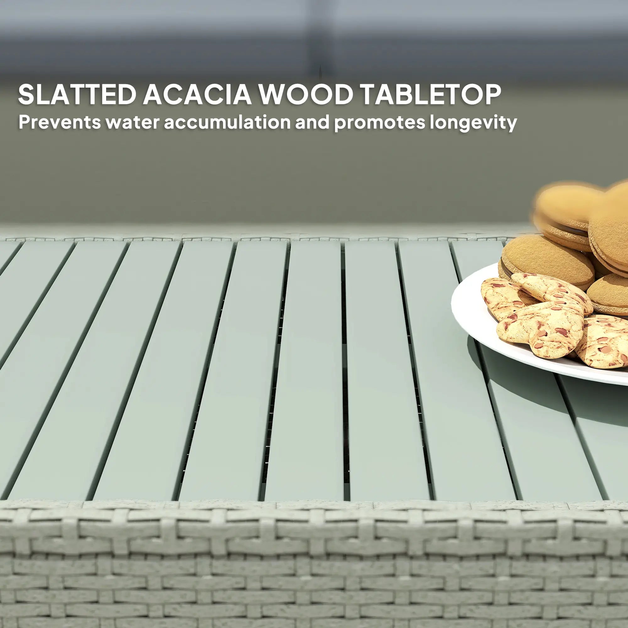 4 Piece Rattan Garden Furniture Set, 4 Seater Wicker Outdoor Sofa Set with 2 Armchairs, Loveseat, Acacia Wood Top Coffee Table, Cushions, Patio Conservatory Set for Balcony, Light Grey
