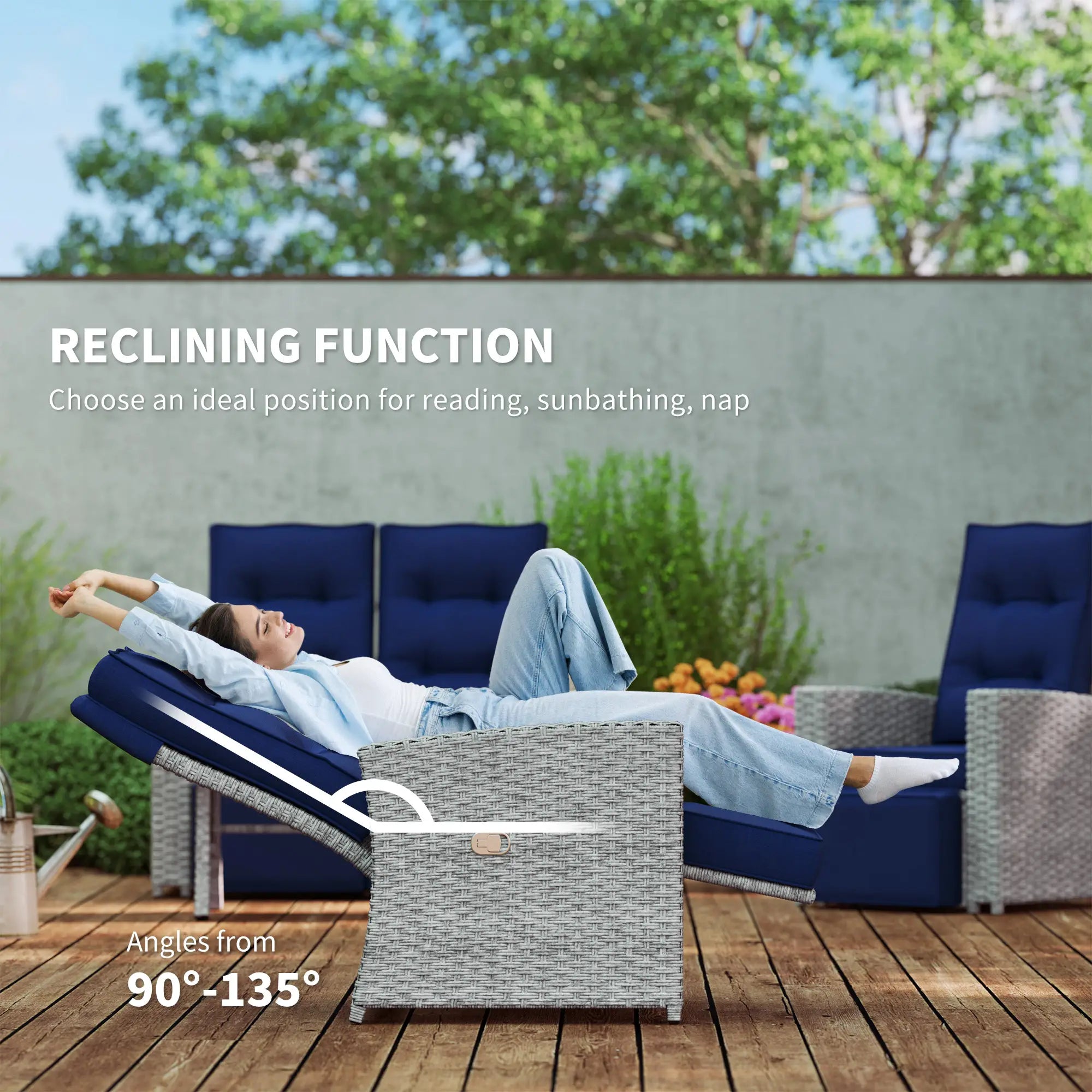 4 Piece Rattan Garden Furniture Set Outdoor Sofa Sectional Set with Glass Top Table for Poolside, Navy Blue