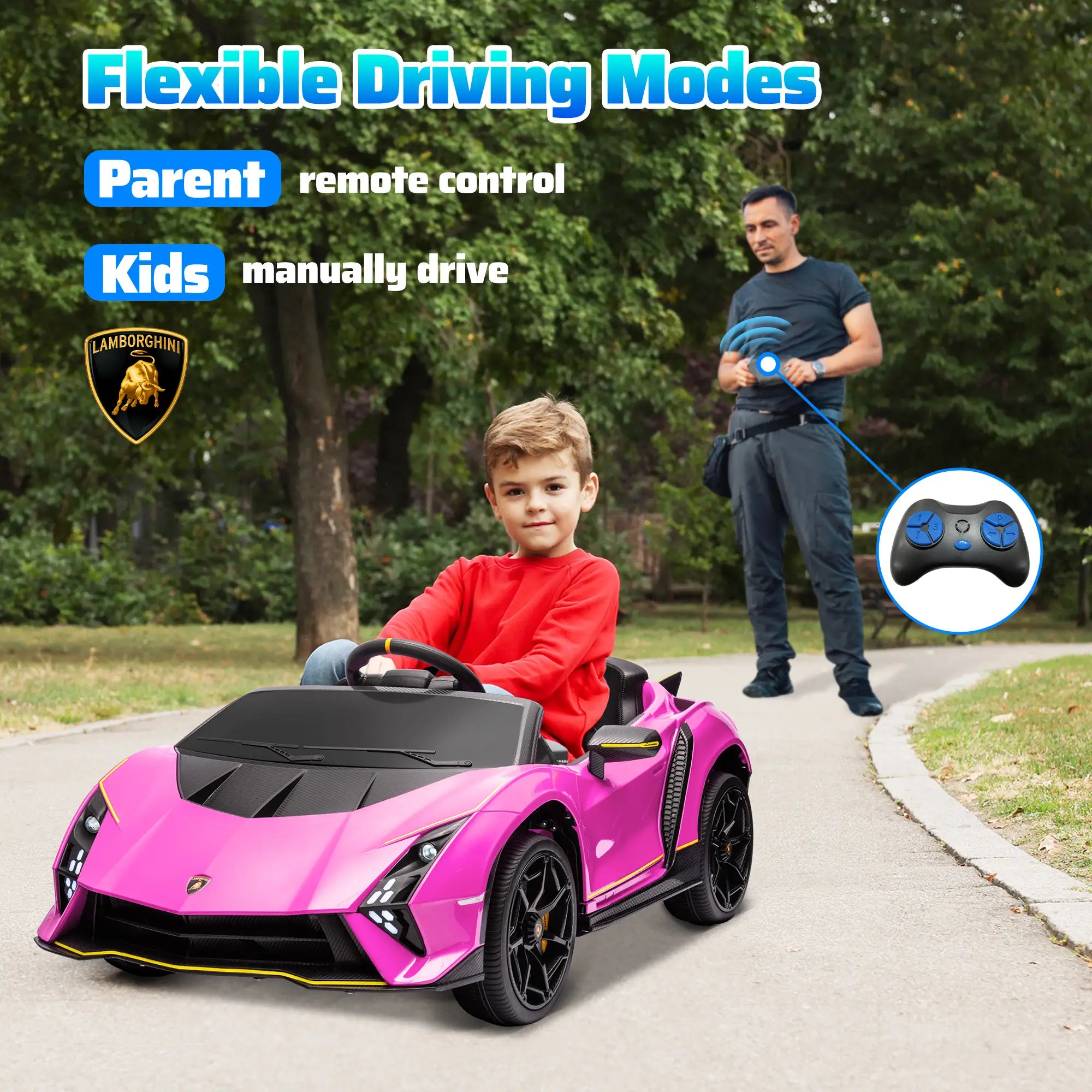12V Lamborghini Autentica Licensed Kids Electric Car with Remote Control, 4 Suspension Wheels, Soft Start, Pink