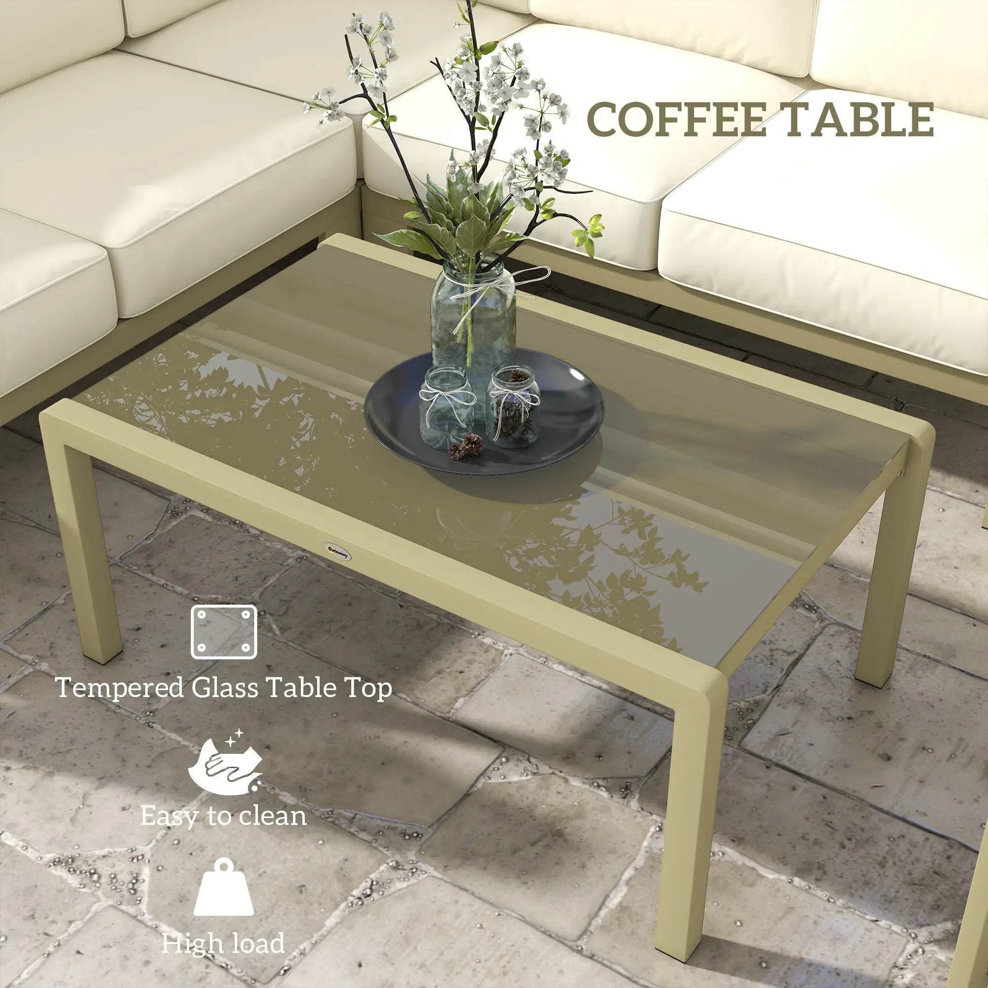 5-Piece Garden Corner Sofa Set with Cushions, 6 Seater Aluminium Garden Furniture Set with Glass Top Coffee Table, Patio Sectional Conservatory Furniture for Patio & Terrace, Gold Tone
