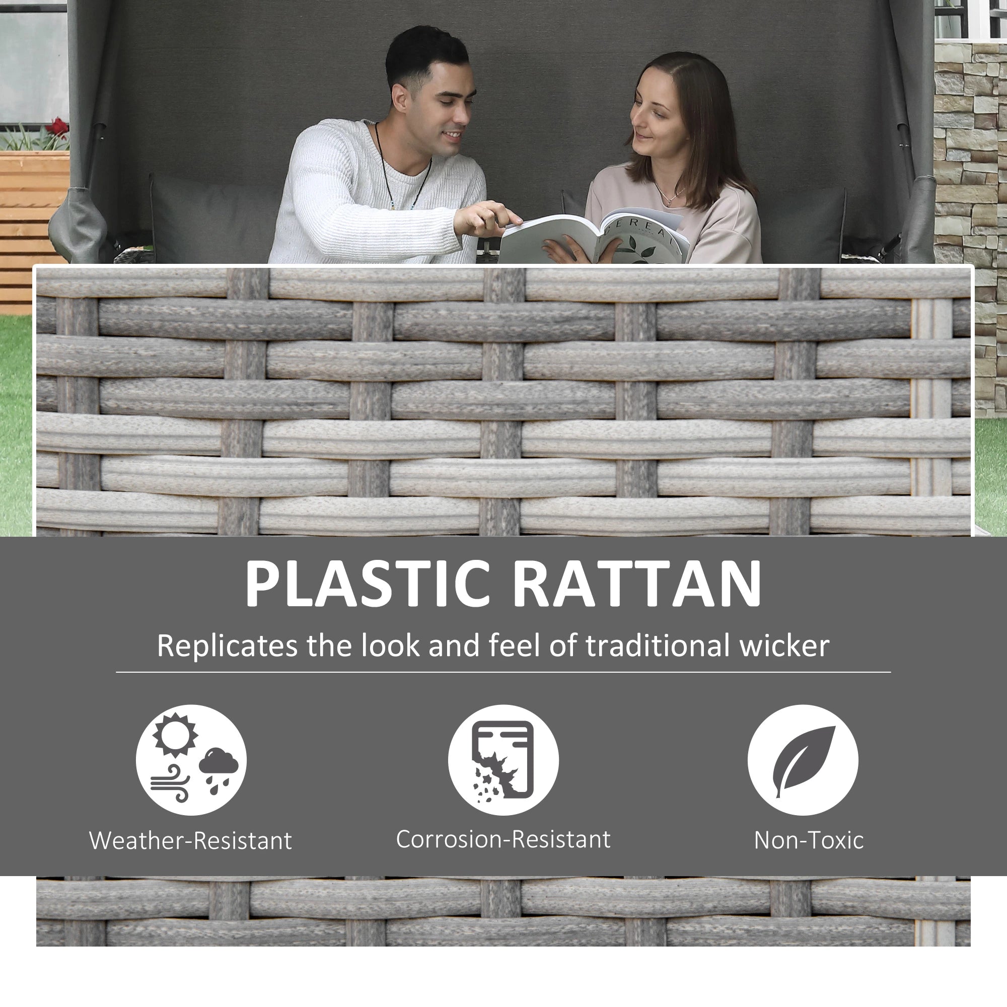 2-Seater Outdoor Rattan Daybed Sofa Footstool Coffee Table Set w/ Canopy, Cushion